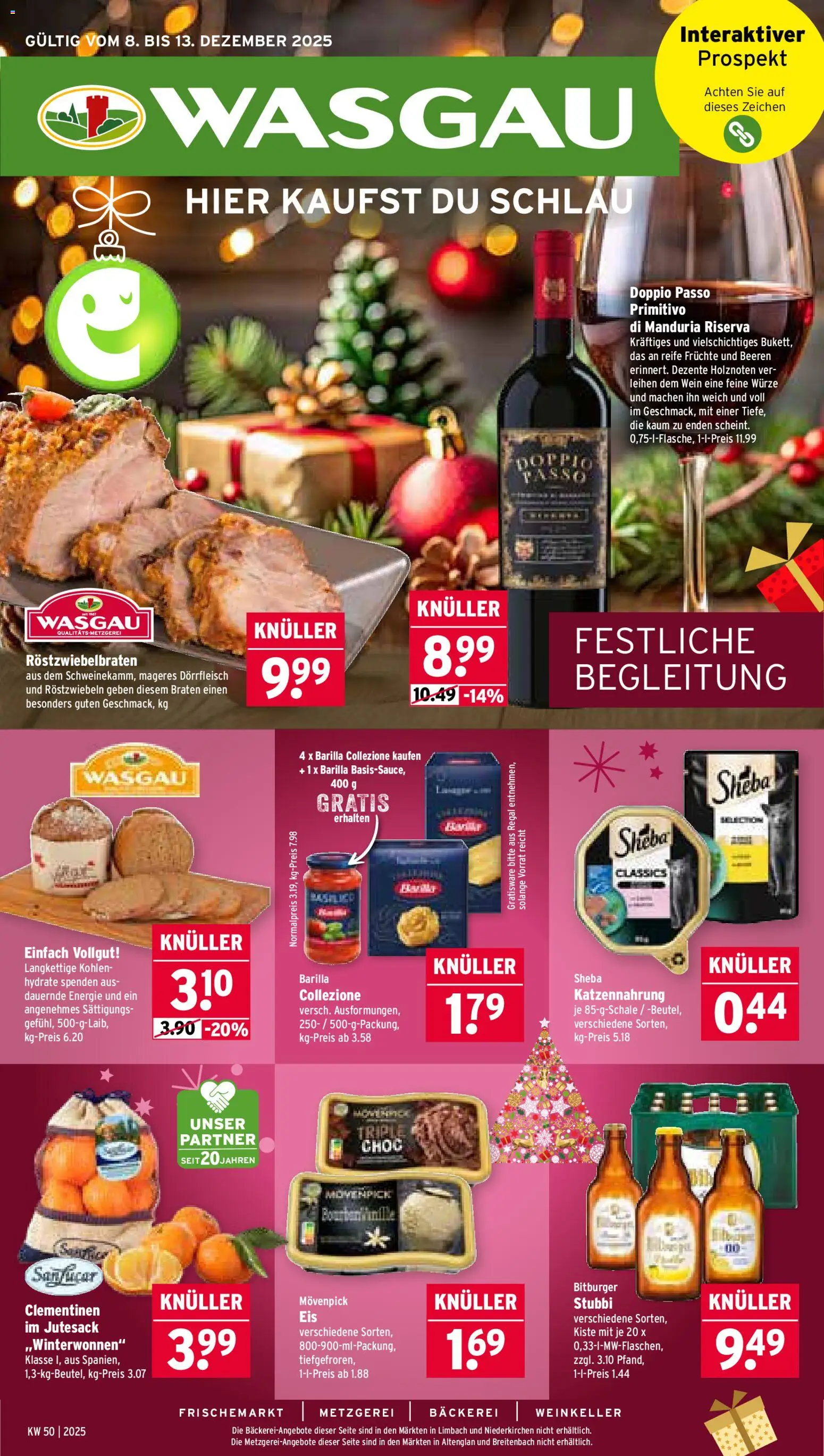 Wasgau Prospekt 	 – gültig ab 08.12.2025 | Seite: 1 | Produkte: Bitburger, Sheba, Barilla, Doppio Passo