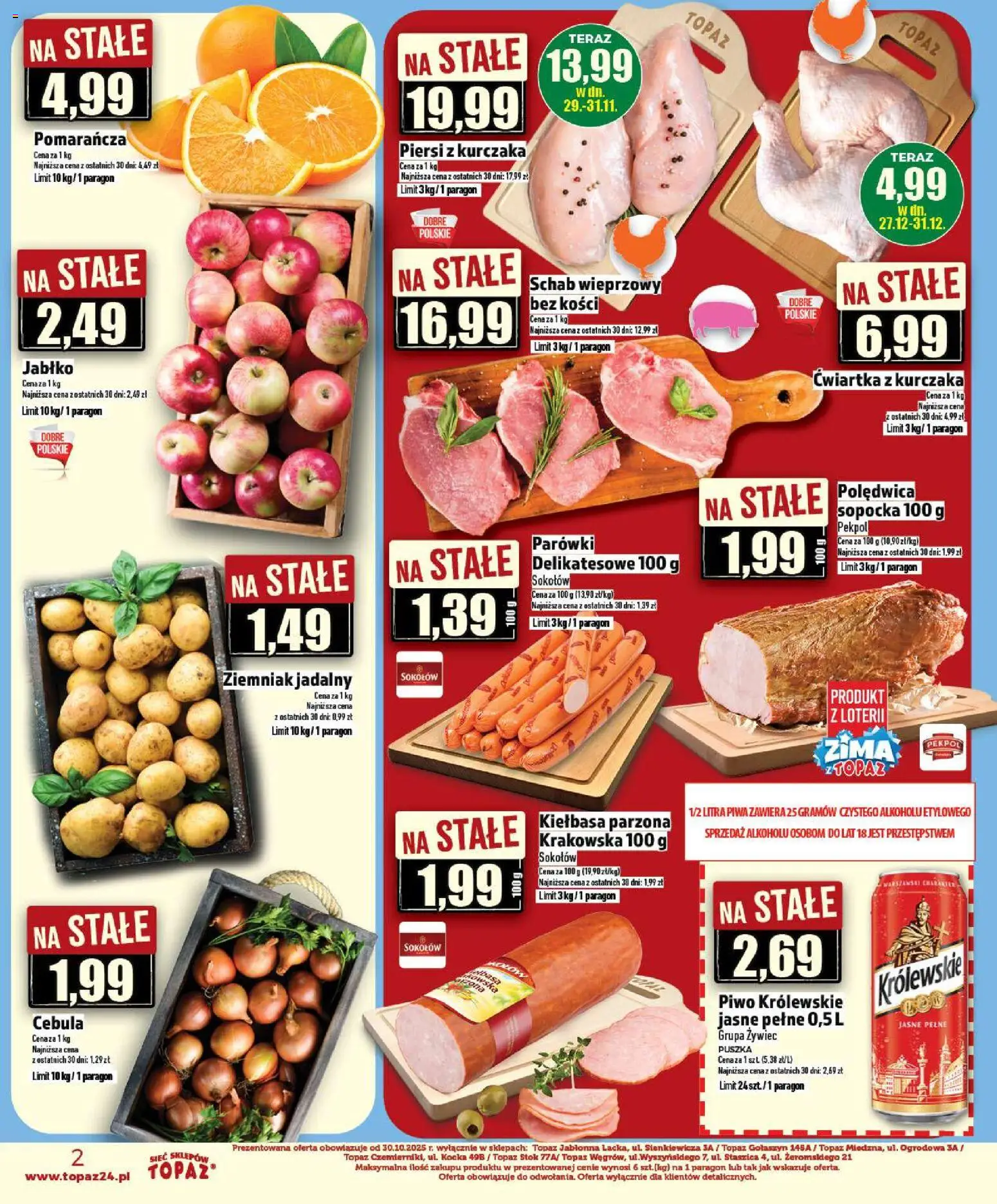 Topaz Gazetka - Ceny małe na stałe od 27.12.2025 | Strona: 2 | Produkty: Kiełbasa, Piersi, Schab wieprzowy, Parówki