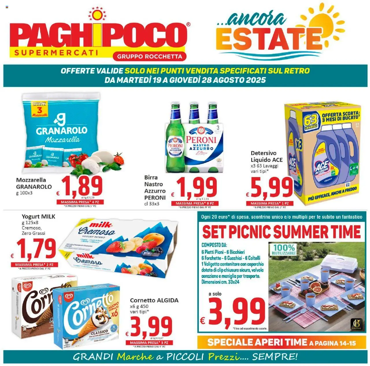 Volantino Paghi Poco del 19.08.2025 | Pagina: 1 | Prodotti: Yogurt, Birra, Tè, Cornetto