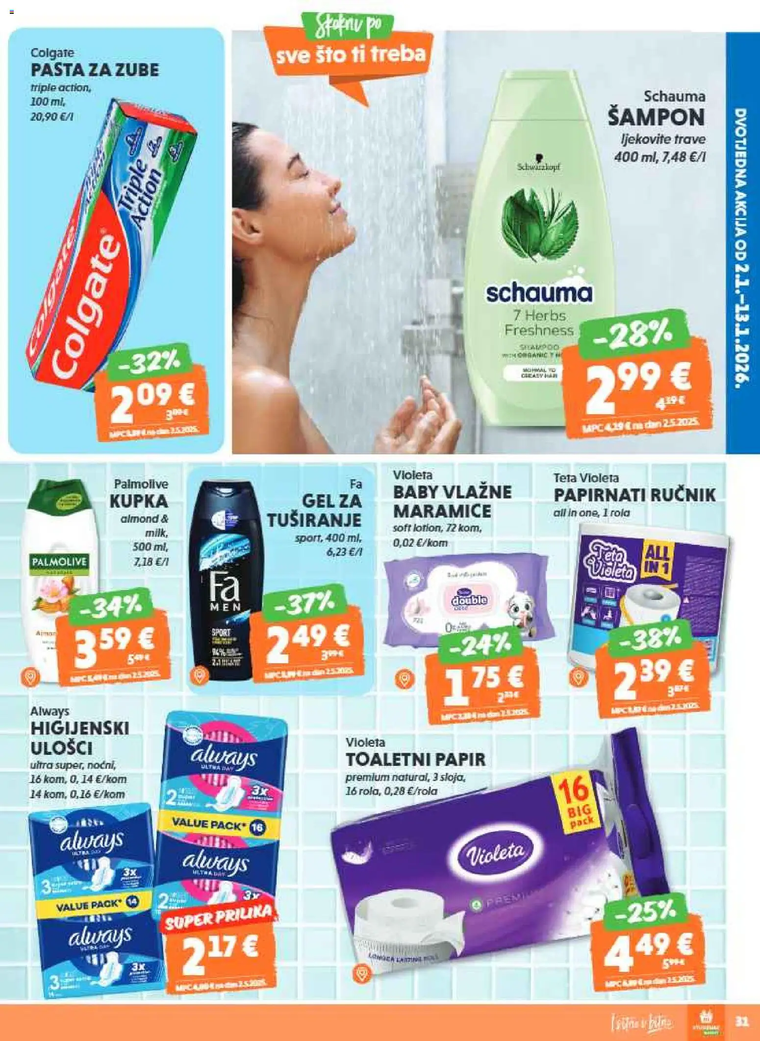 Studenac katalog | vrijedi od 07.01.2026 | Stranica: 31 | Proizvodi: Higijenski ulošci, Šampon, Pasta za zube, Pasta