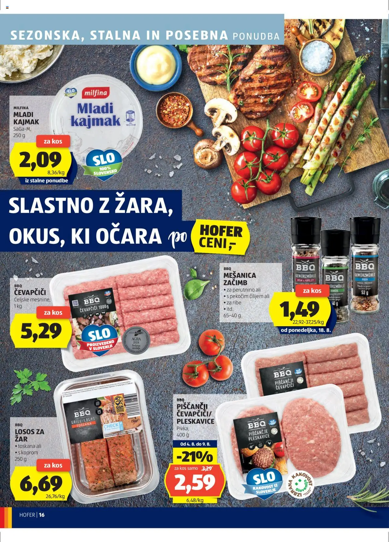 Hofer SI katalog | vrijedi od 14.08.2025 | Stranica: 16 | Proizvodi: Kajmak, Losos, Ćevapčići