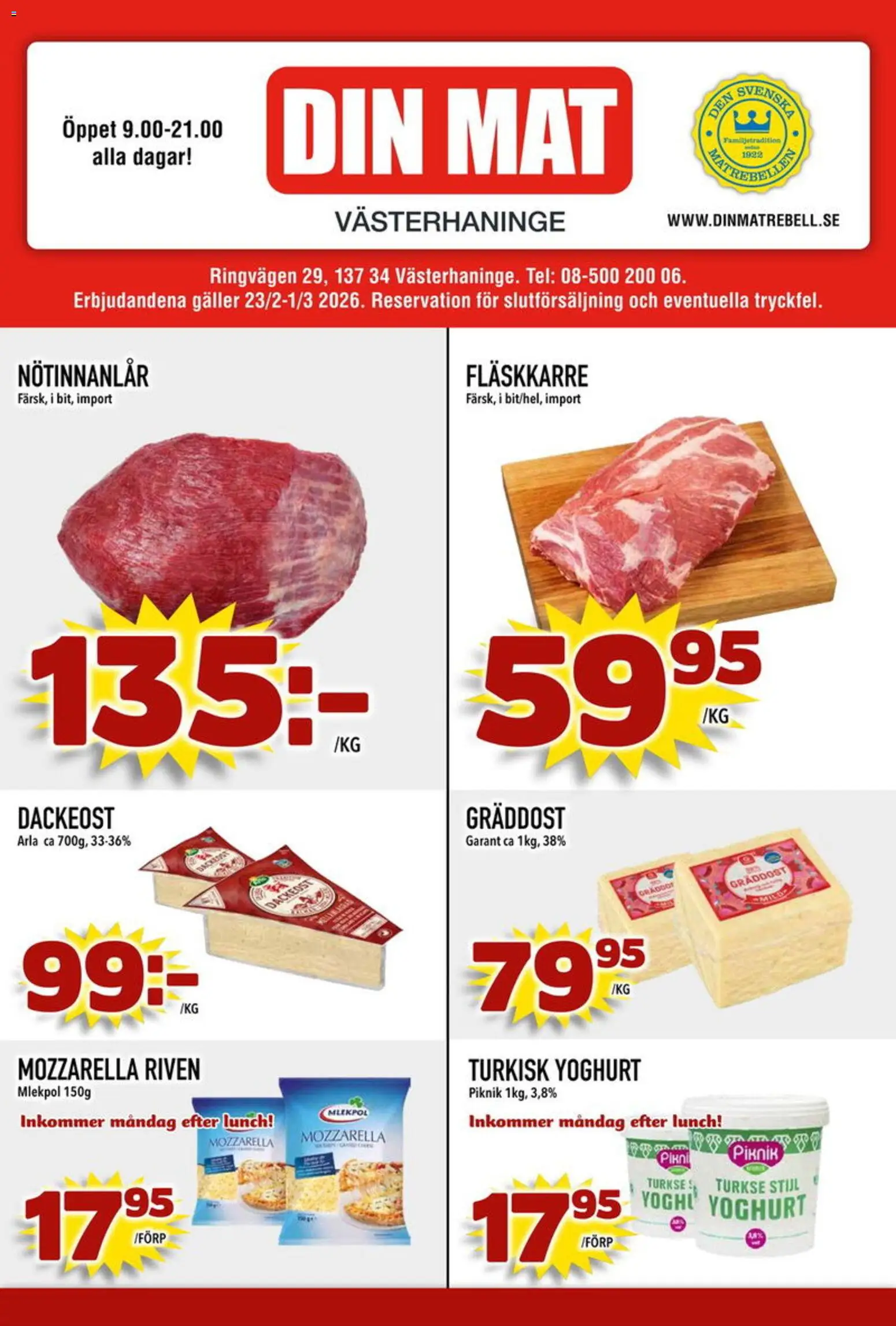 Din Mat reklamblad aktuell från 02.03.2026 | Sida: 1 | Produkter: Galler, Yoghurt