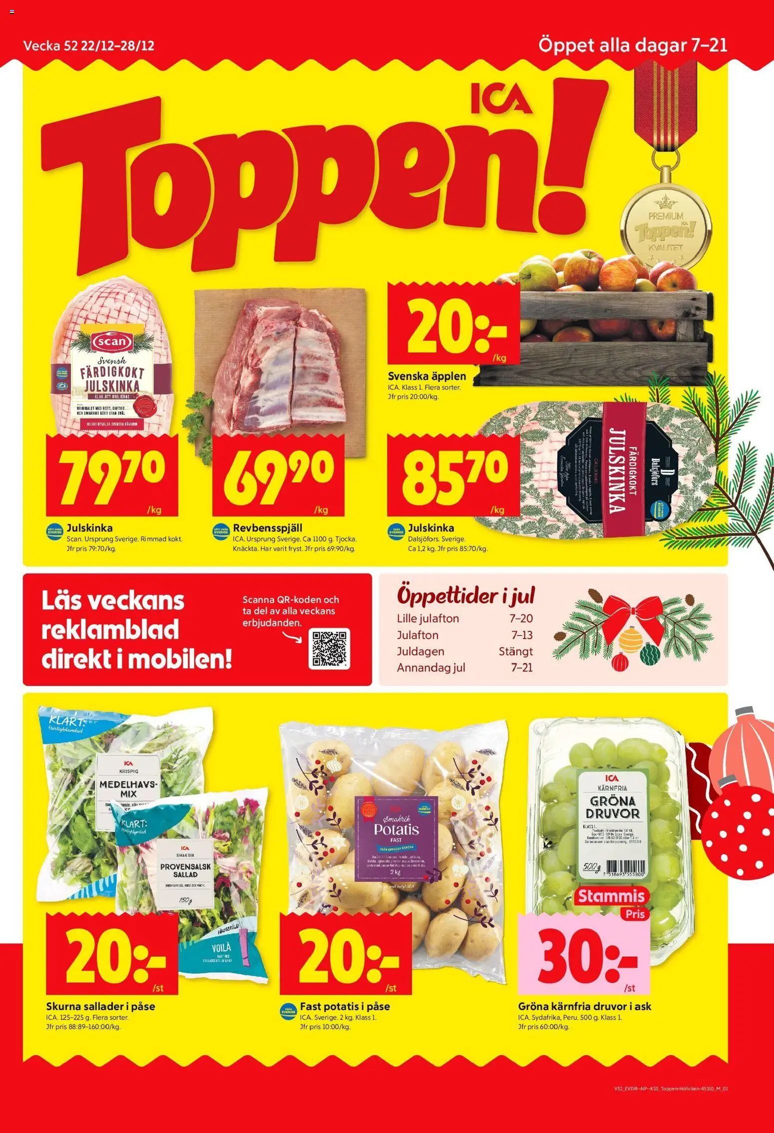 ICA Kvantum reklamblad aktuell från 22.12.2025 | Sida: 1 | Produkter: Revbensspjäll, Äpplen, Potatis, Sallad