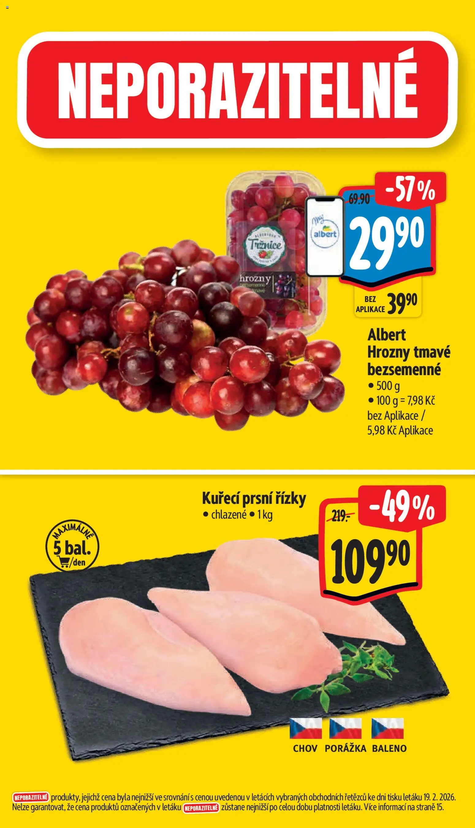 Albert leták - Supermarket od 25.02.2026 | Strana: 2 | Produkty: Kuřecí prsní řízky, Hrozny