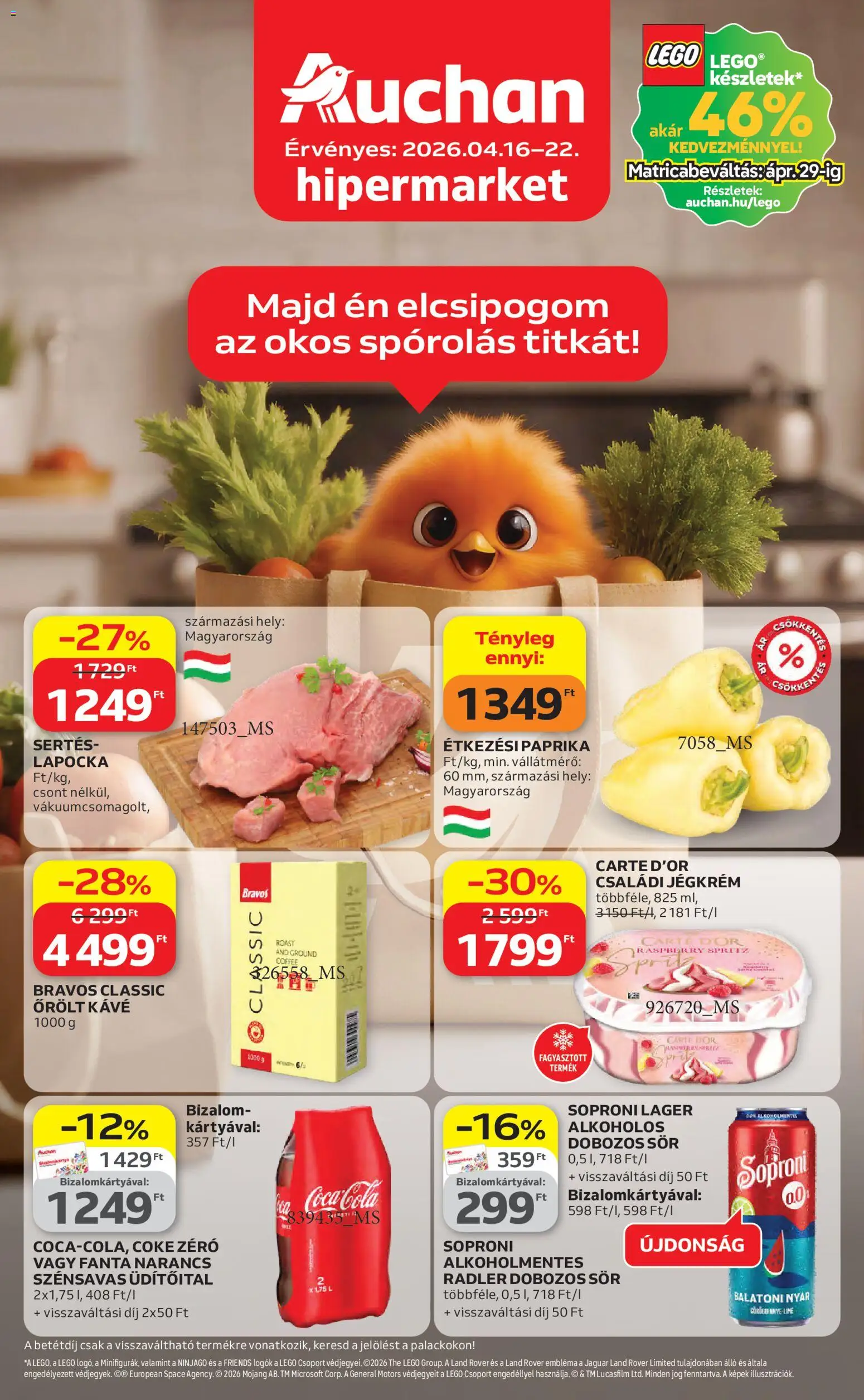 Auchan akciós ujság - amely érvényes a következő dátumtól: 16.04.2026 | Oldal: 1 | Termékek: Radler, Coca Cola, Kávé, Dobozos sör