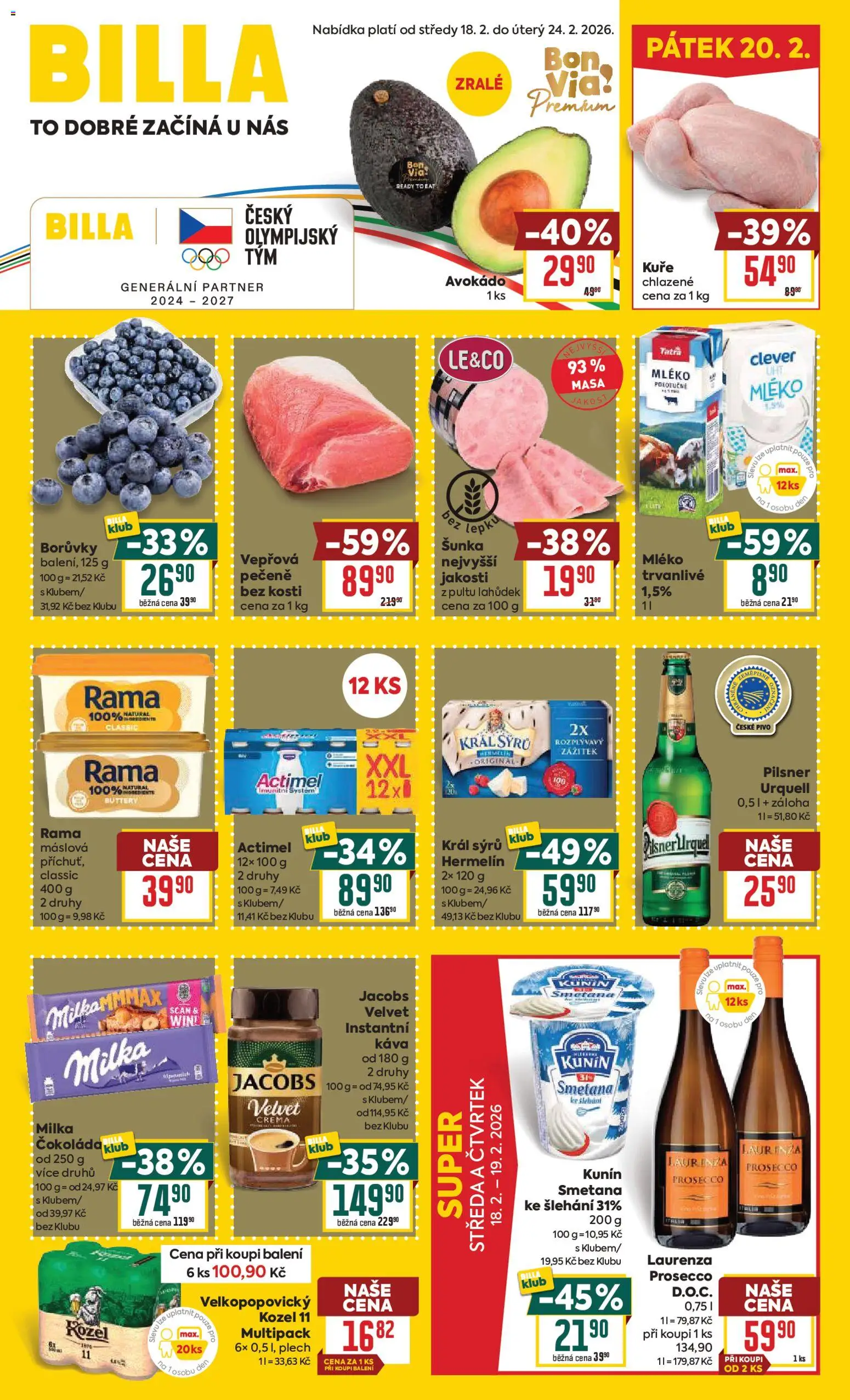 Billa Malý leták od 18.02.2026 | Strana: 1 | Produkty: Prosecco, Kozel, Velvet, Actimel
