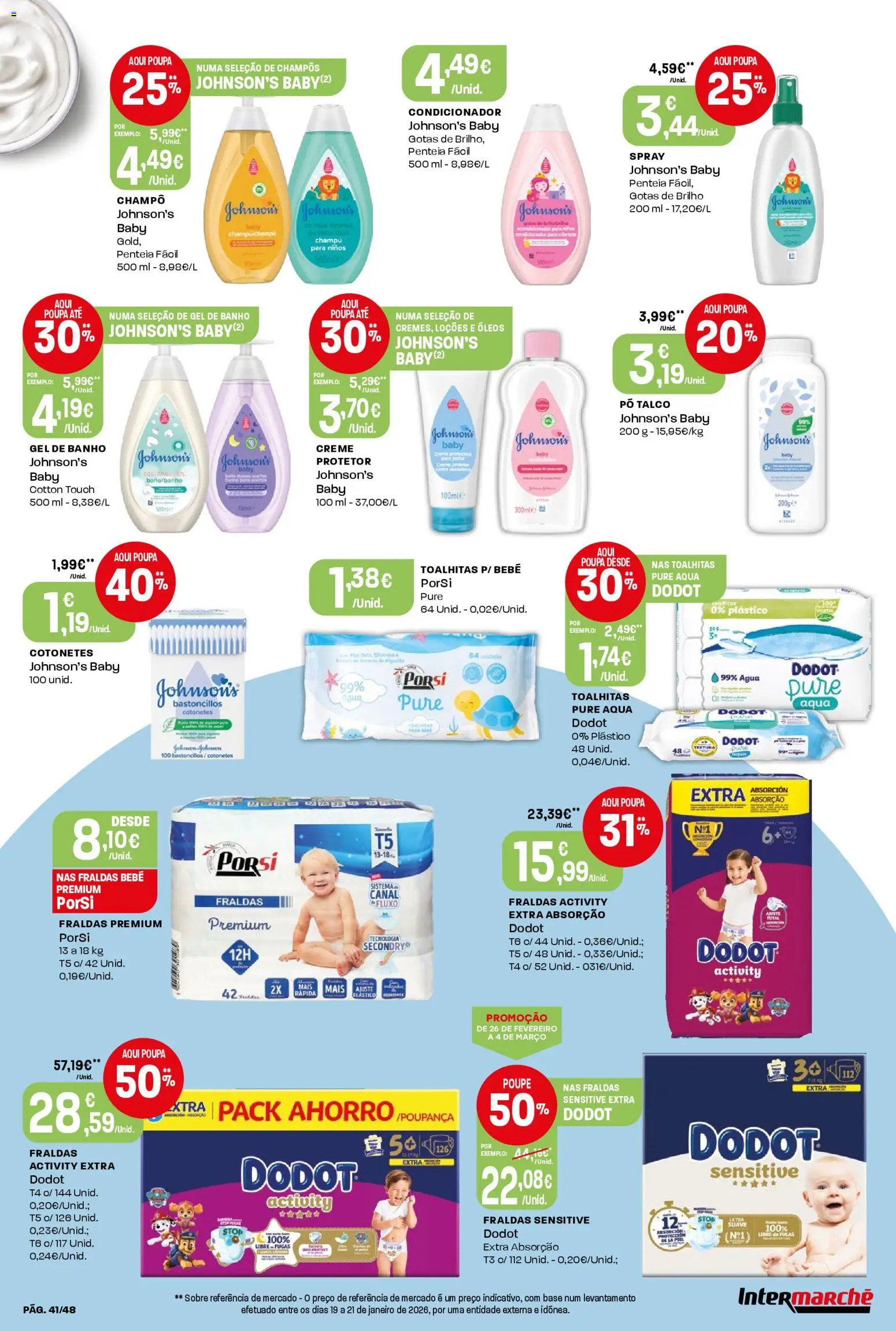 Intermarché folheto │ válido de 26.02.2026 | Página: 41 | Produtos: Agua, Fraldas dodot, Gel de banho, Base