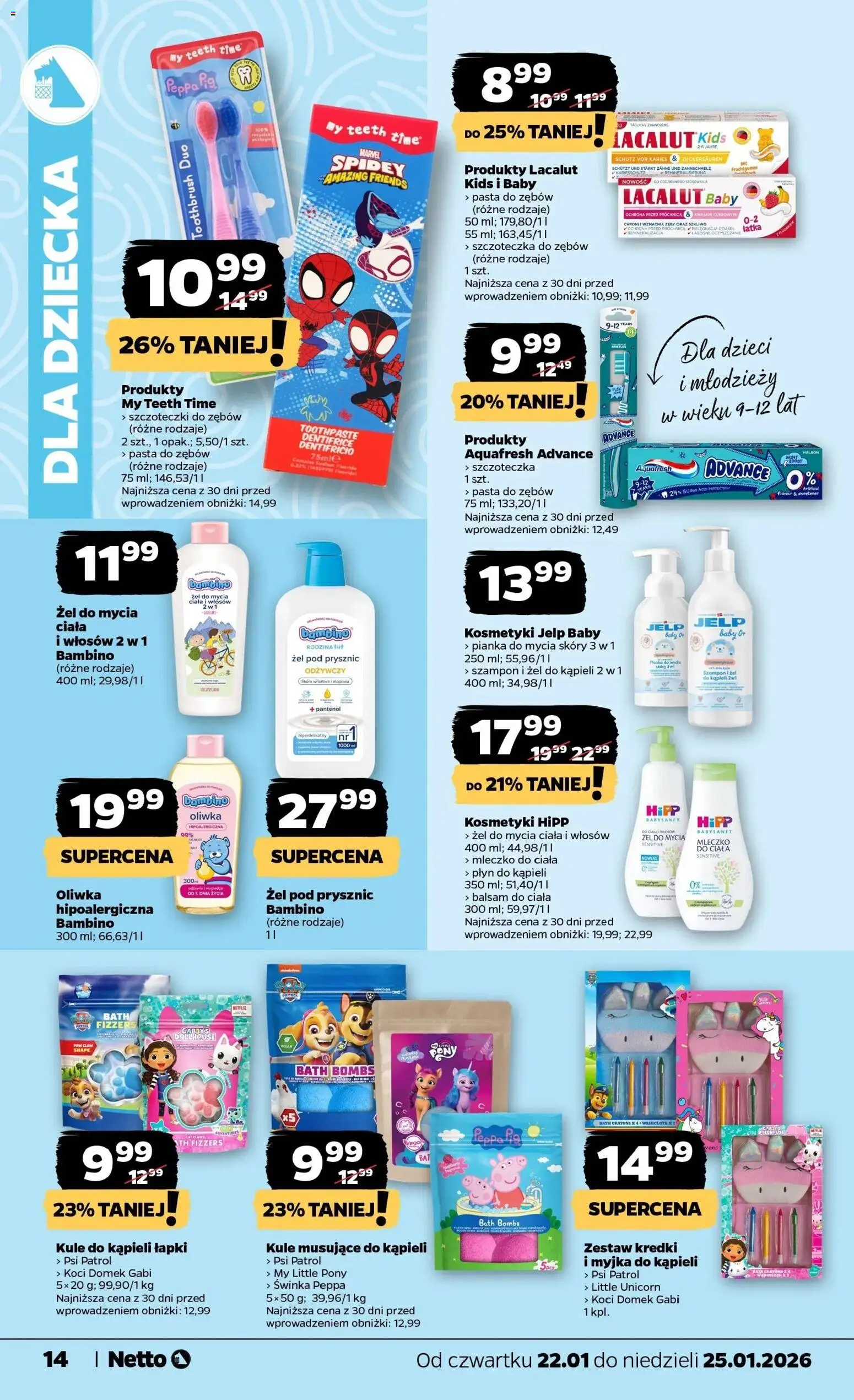Netto gazetka - Spożywcza od 22.01.2026 | Strona: 14 | Produkty: Kosmetyki, Płyn do kąpieli, Mleczko do ciała, Szczoteczka do zębów