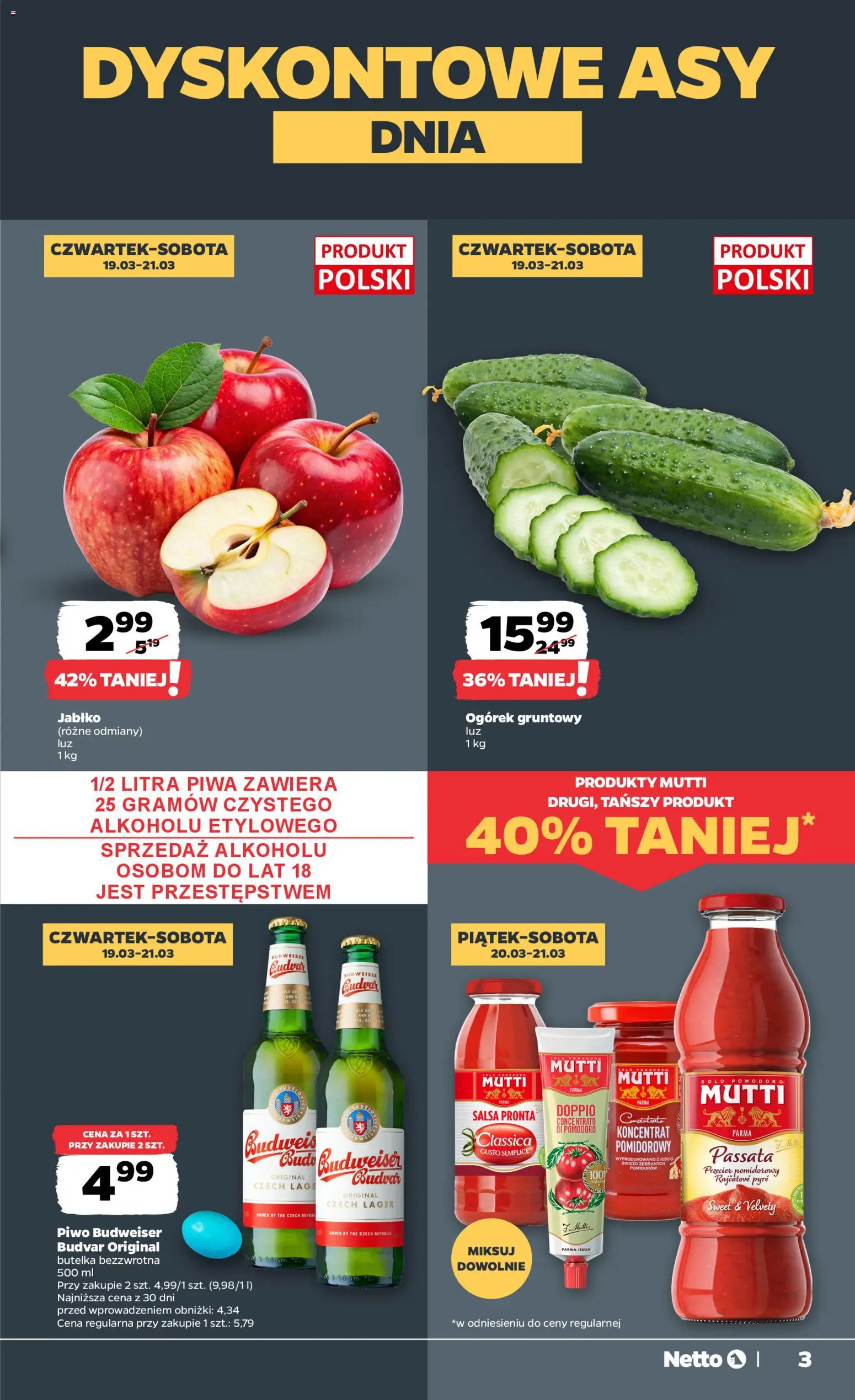 Netto gazetka od czwartku spożywcza od 19.03.2026 | Strona: 3 | Produkty: Przecier pomidorowy, Piwo