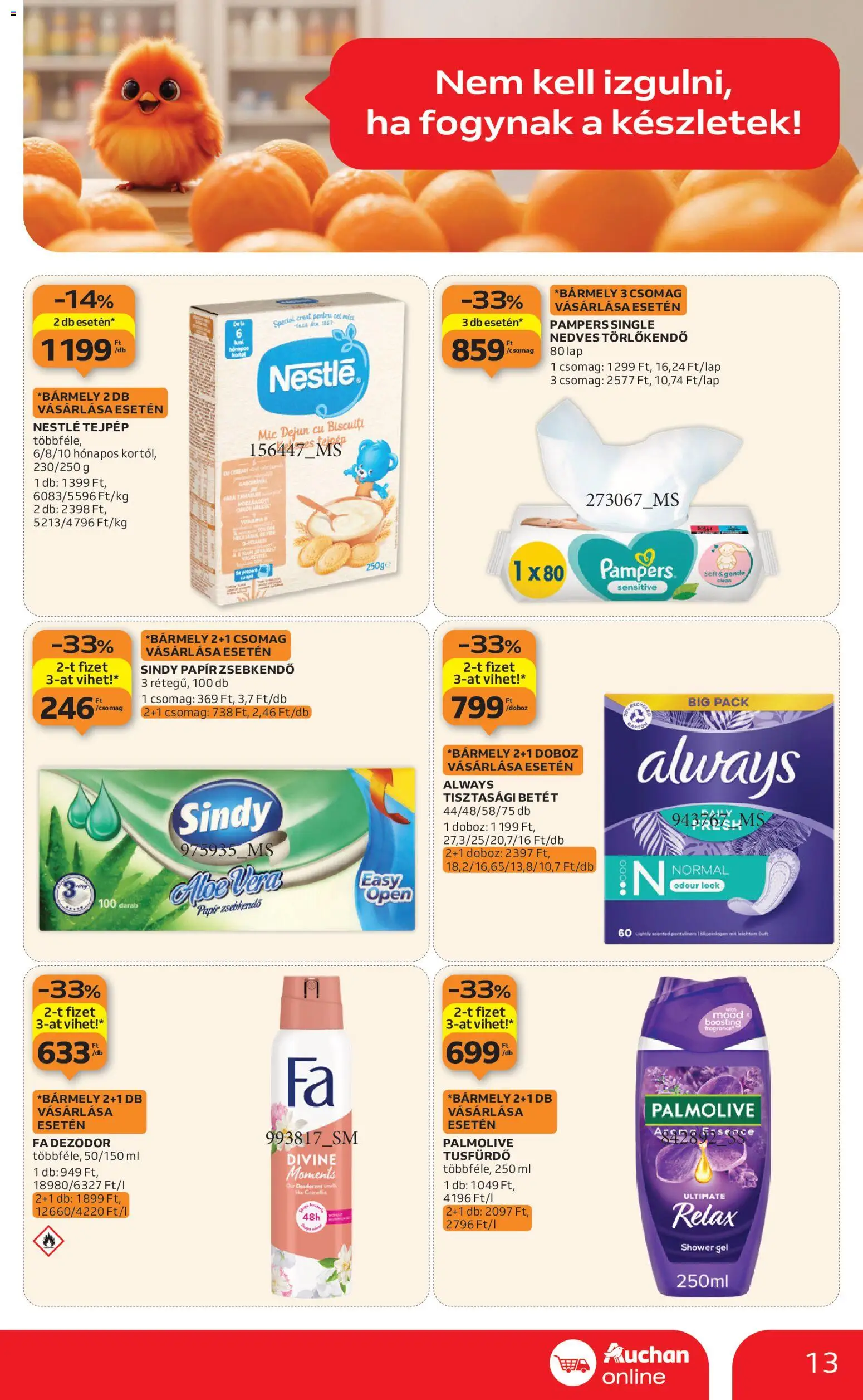 Auchan akciós ujság - amely érvényes a következő dátumtól: 08.01.2026 | Oldal: 13 | Termékek: Pampers, Törlőkendő, Tisztasági betét, Doboz