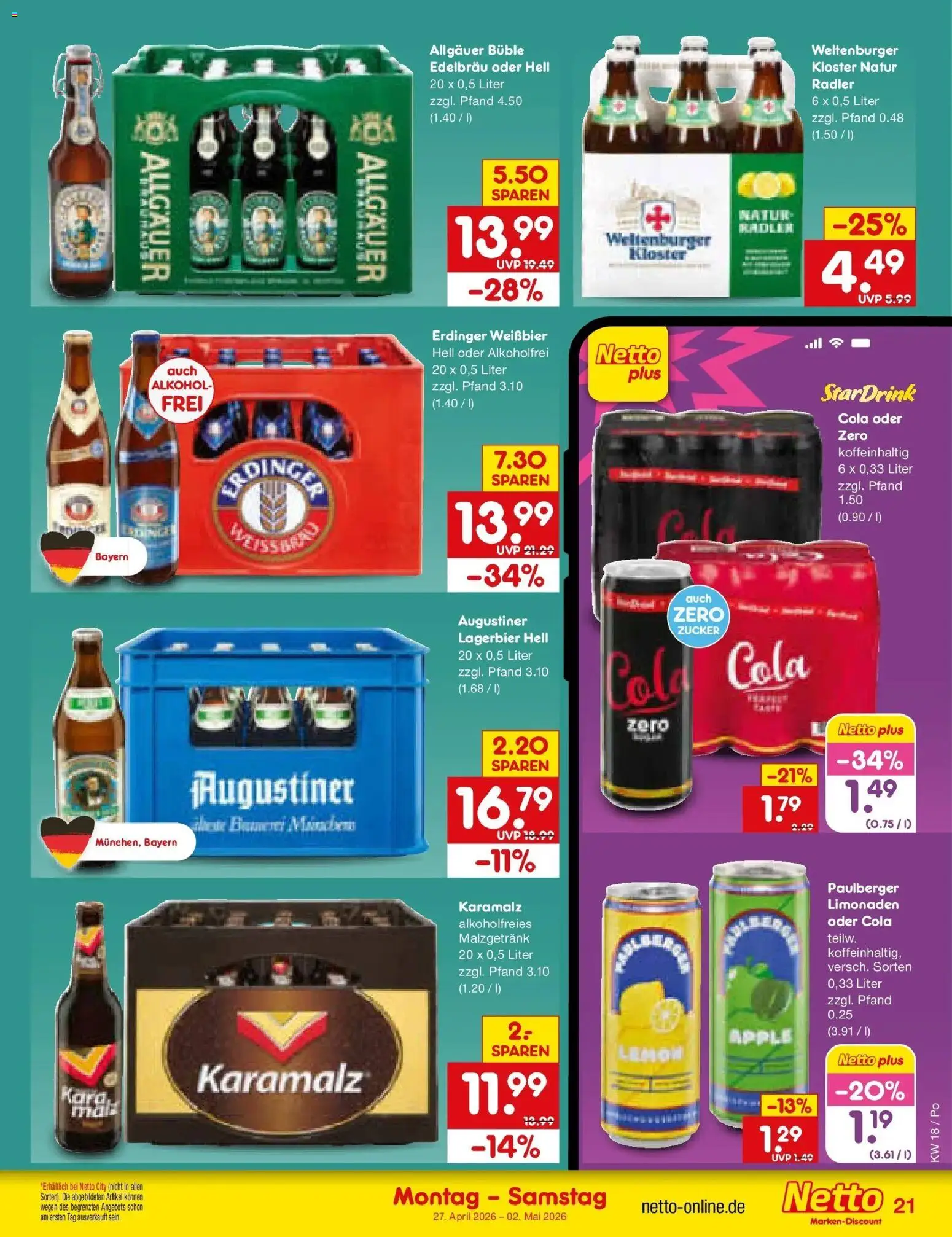 Netto Marken-Discount Prospekt Regensburg	 – gültig ab 27.04.2026 | Seite: 25 | Produkte: Erdinger, Cola, Weißbier, Zucker