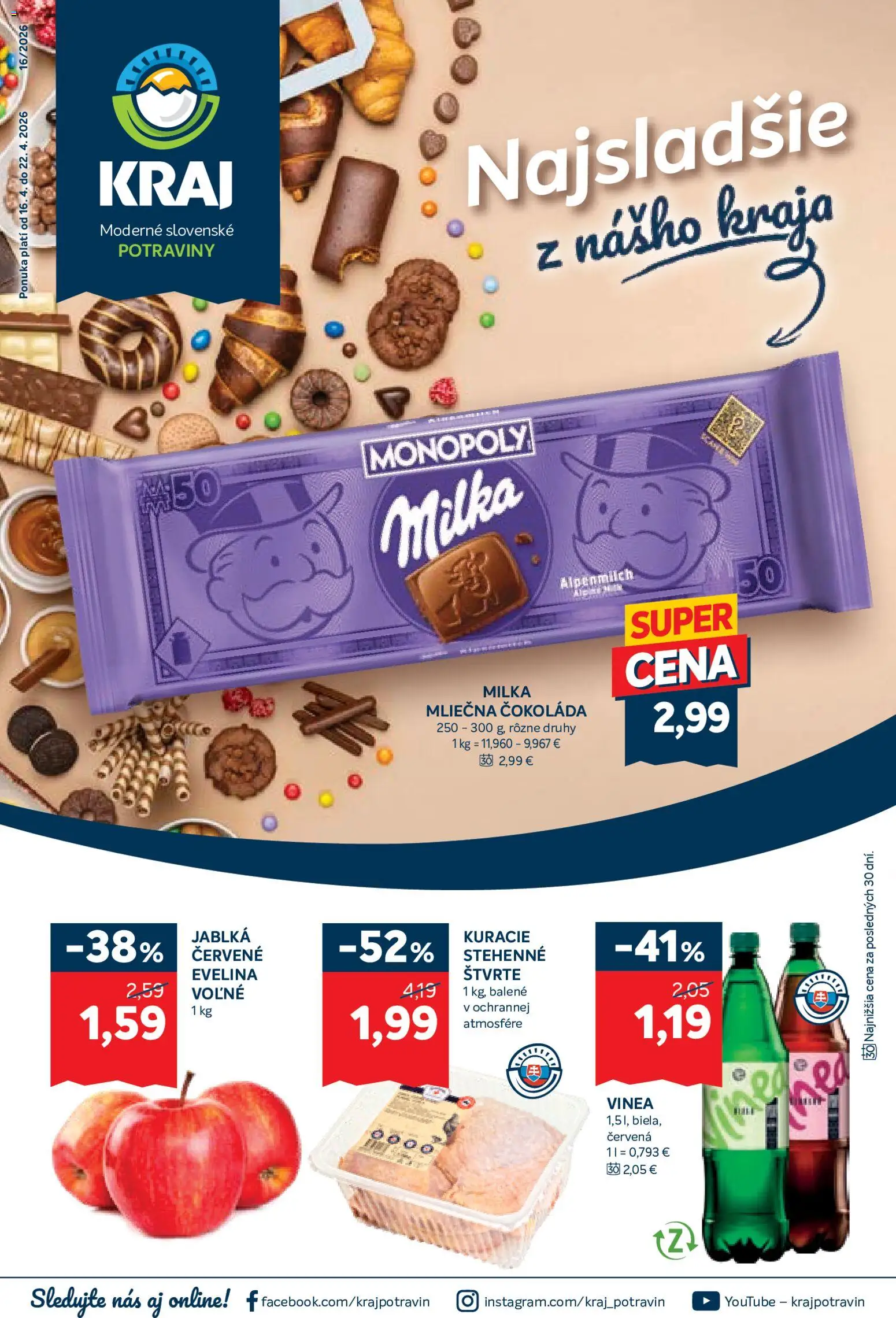 Nové Kraj akcie – leták je platný od 16.04.2026 | Strana: 1 | Produkty: Jablká, Čokoláda, Milka, Vinea