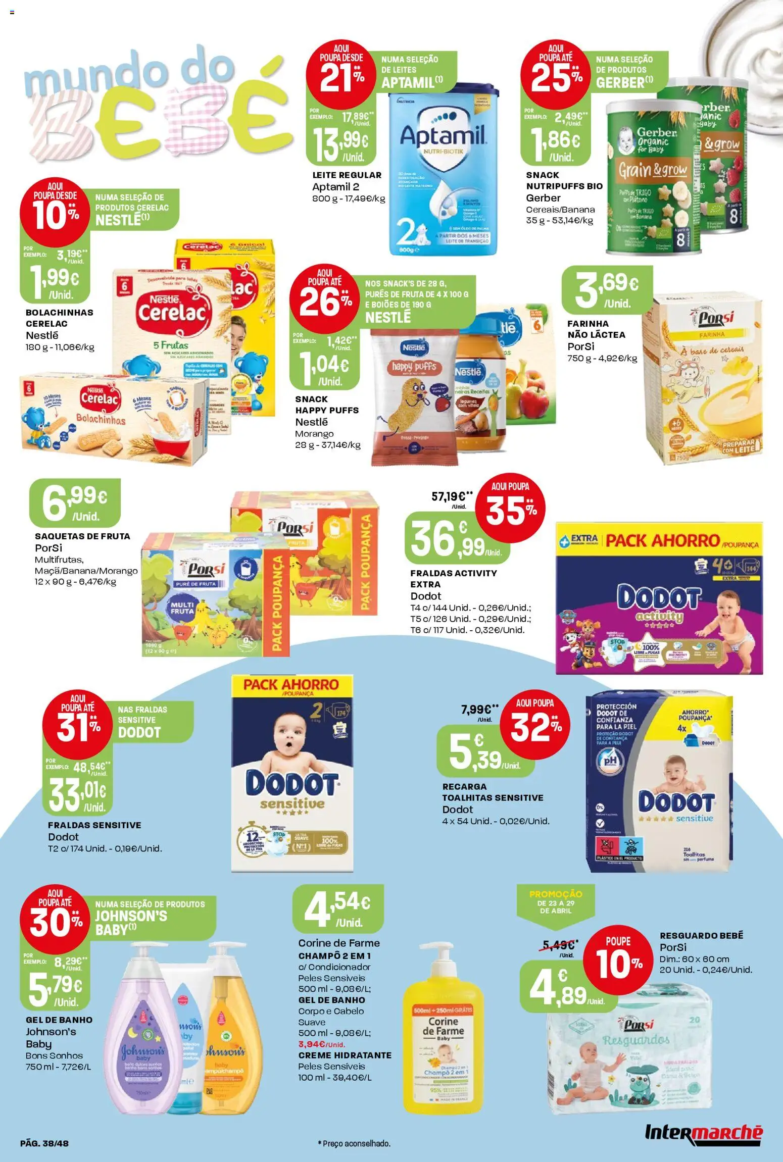 Intermarché folheto │ válido de 23.04.2026 | Página: 38 | Produtos: Fraldas, Base, Cereais, Creme