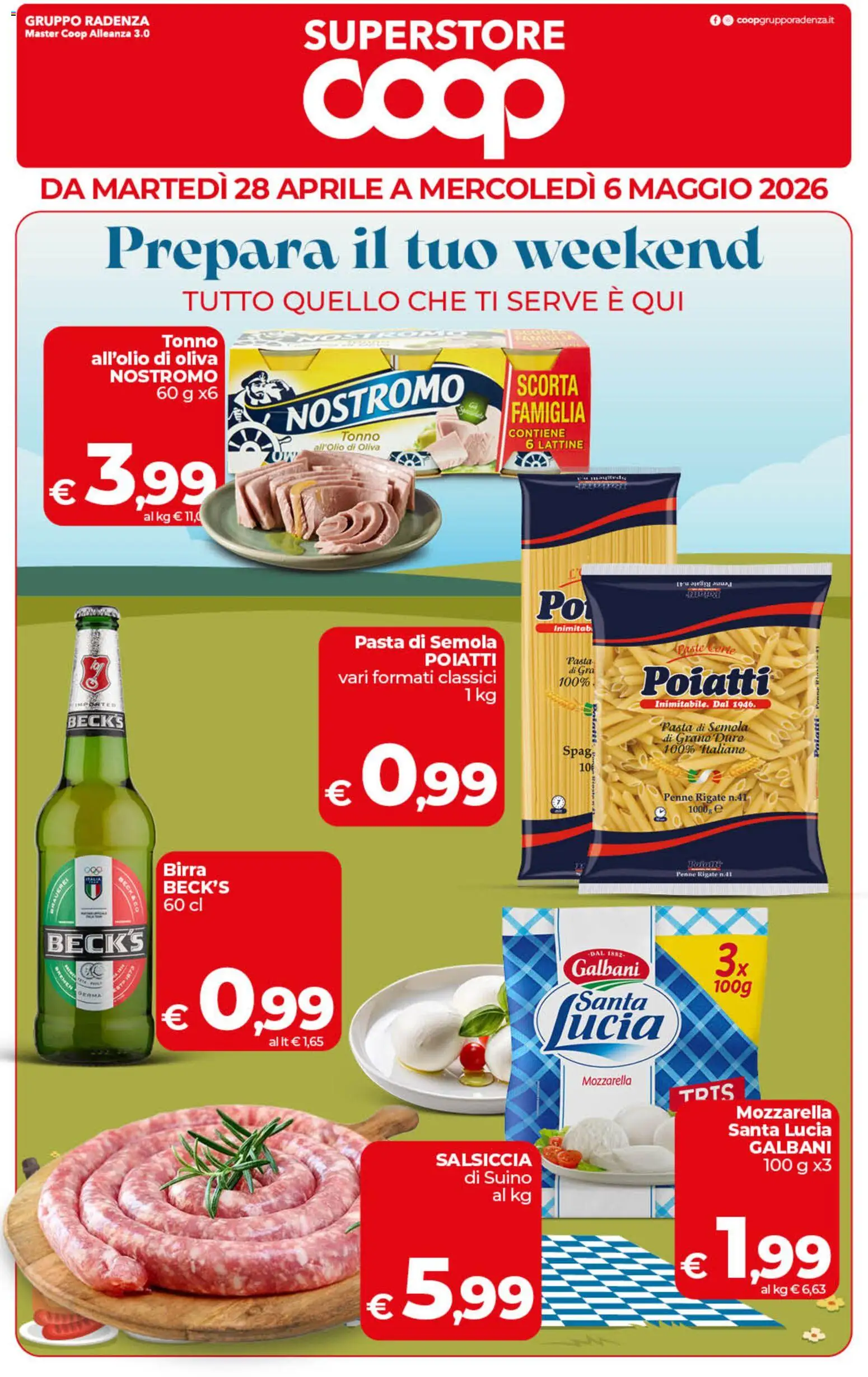 Volantino COOP del 28.04.2026 | Pagina: 1 | Prodotti: Mozzarella, Salsiccia, Pasta, Penne
