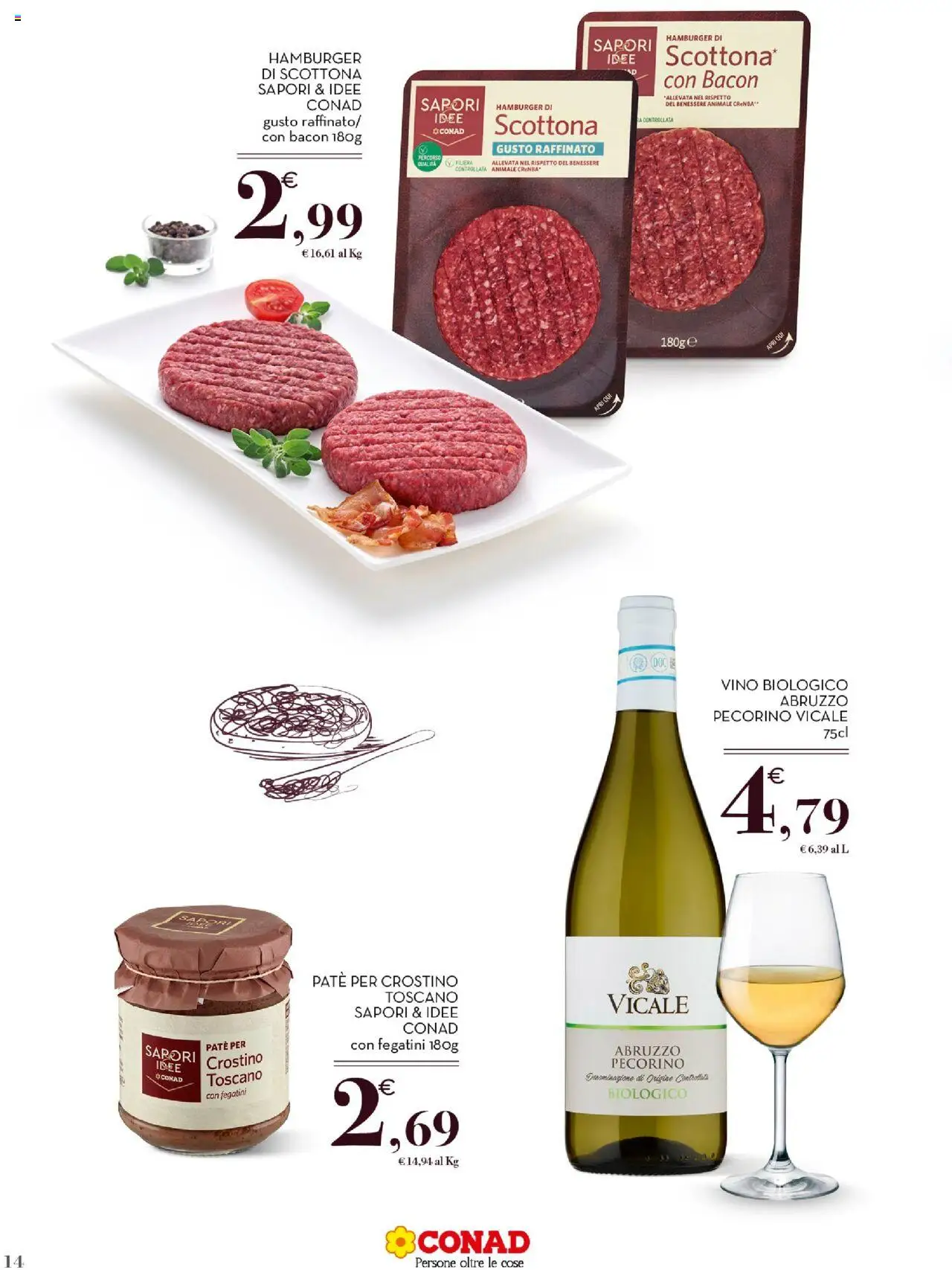 Volantino Conad del 10.09.2025 | Pagina: 14 | Prodotti: Paté, Vino, Hamburger, Pecorino
