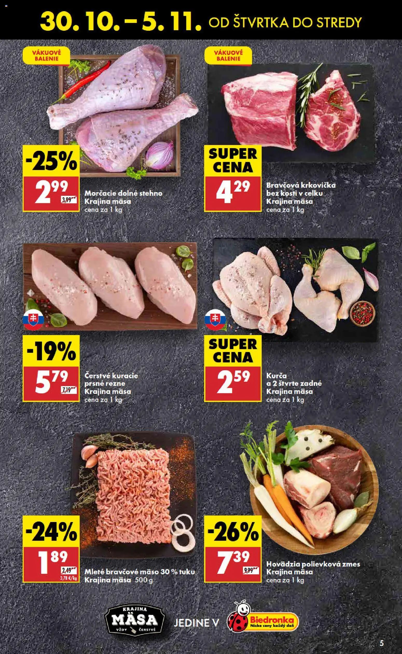 Nové Biedronka akcie – leták je platný od 30.10.2025 | Strana: 5 | Produkty: Bravčová krkovička, Krkovička, Bravčové mäso, Kurča