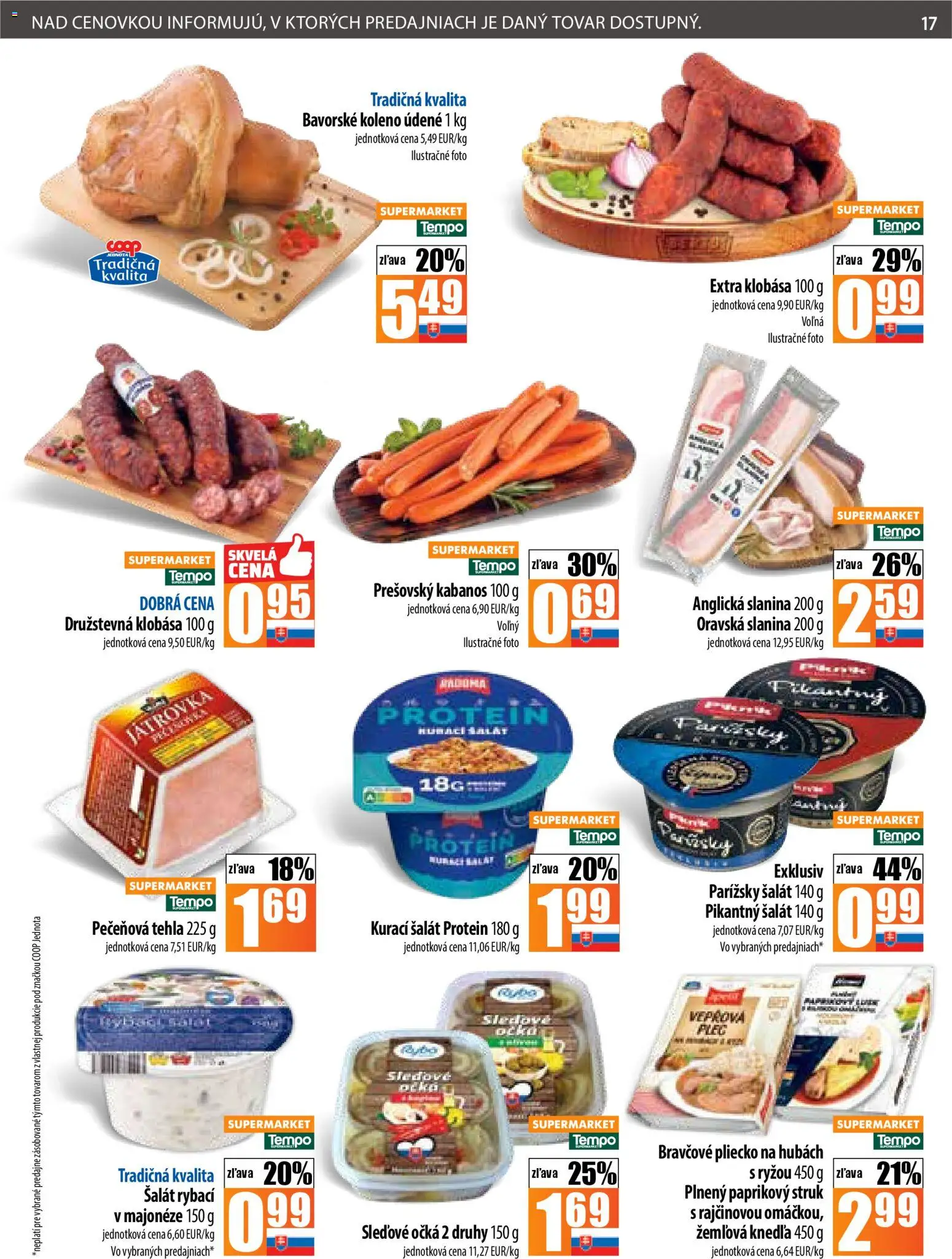 Nové COOP Jednota akcie – leták je platný od 20.11.2025 | Strana: 17 | Produkty: Slanina, Klobása, Protein, Šalát