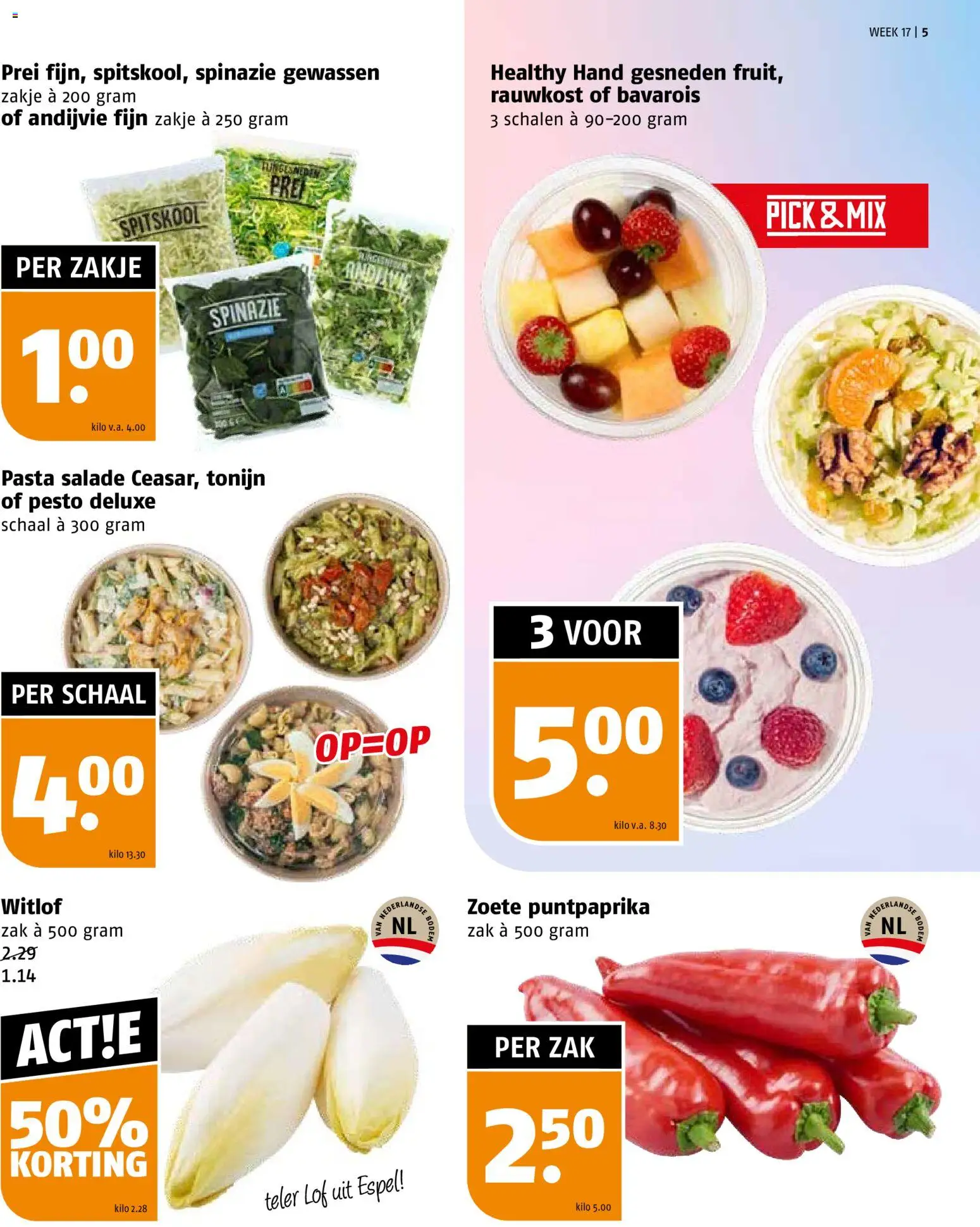 {H1} | Pagina: 5 | Producten: Spinazie, Prei, Tonijn, Zak