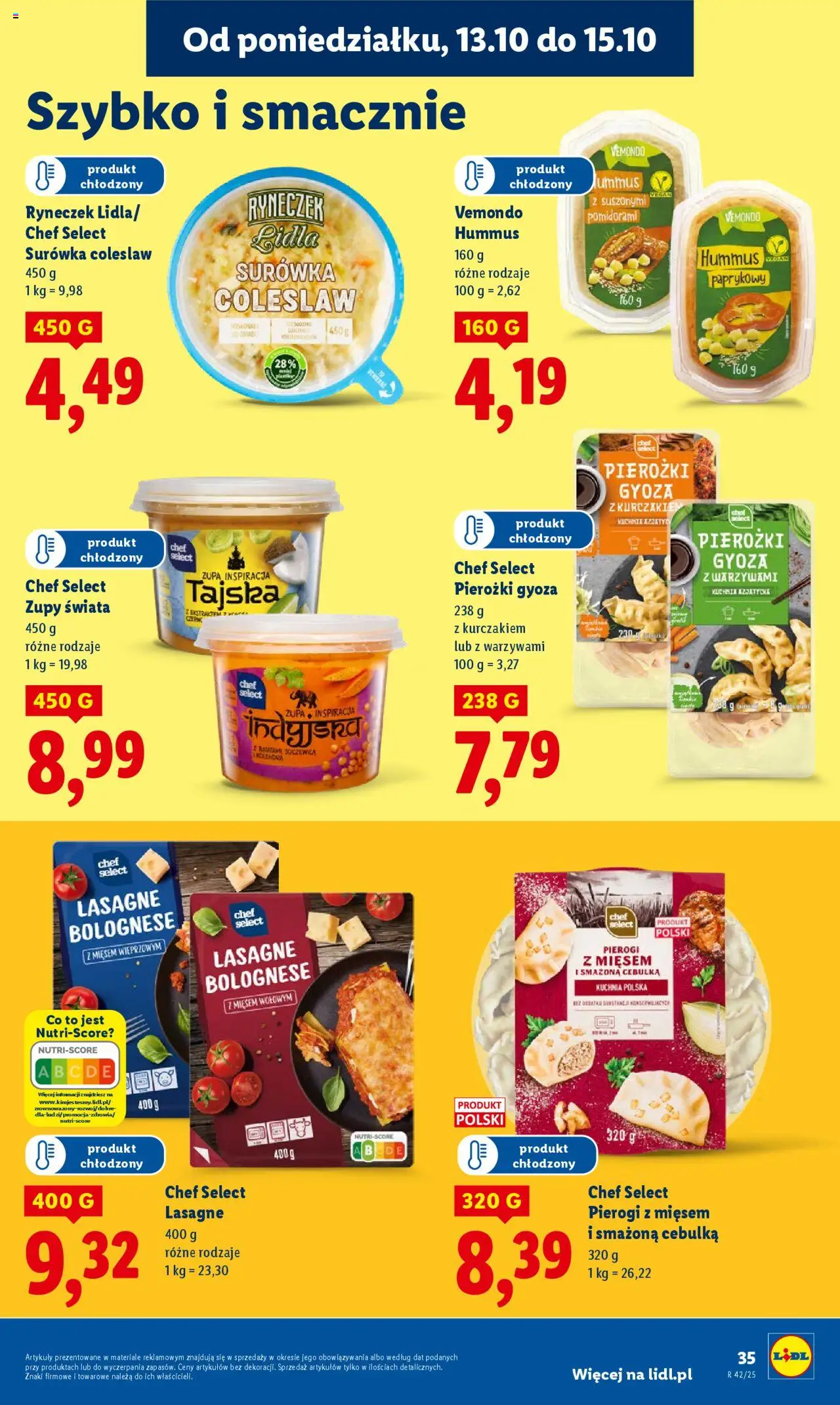 Lidl Gazetka od 13.10.2025 | Strona: 35 | Produkty: Pierogi, Lasagne, Hummus, Surówka colesław
