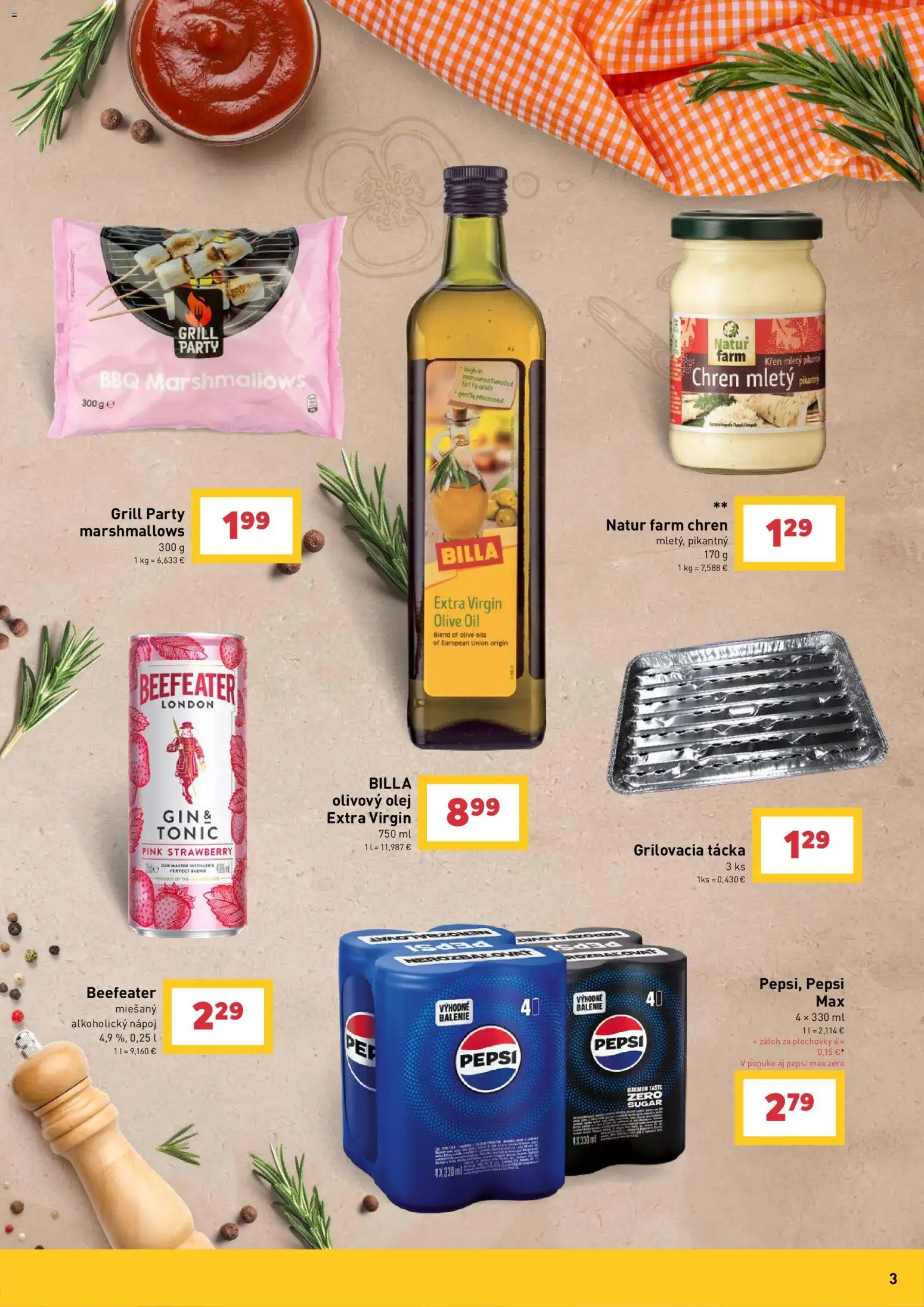 Nové Billa akcie – leták je platný od 29.04.2026 | Strana: 3 | Produkty: Chren, Beefeater, Olej, Gin