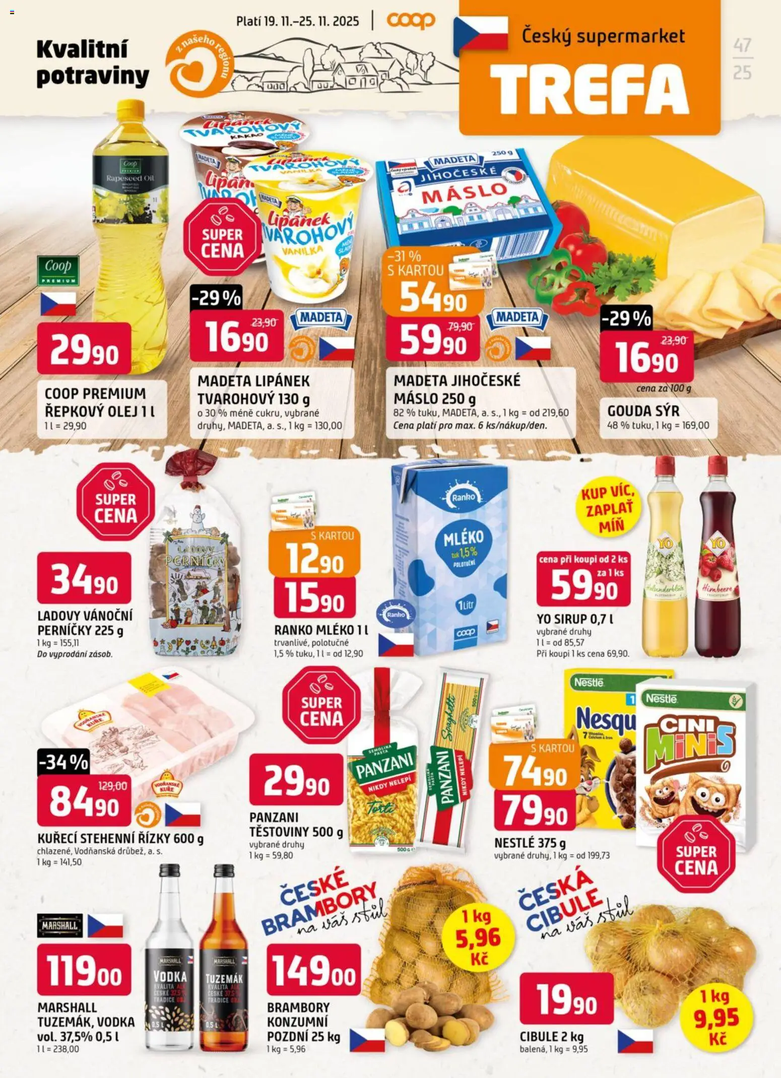 Trefa leták od 19.11.2025 | Strana: 1 | Produkty: Sýr, Olej, Kuře, Tuzemák