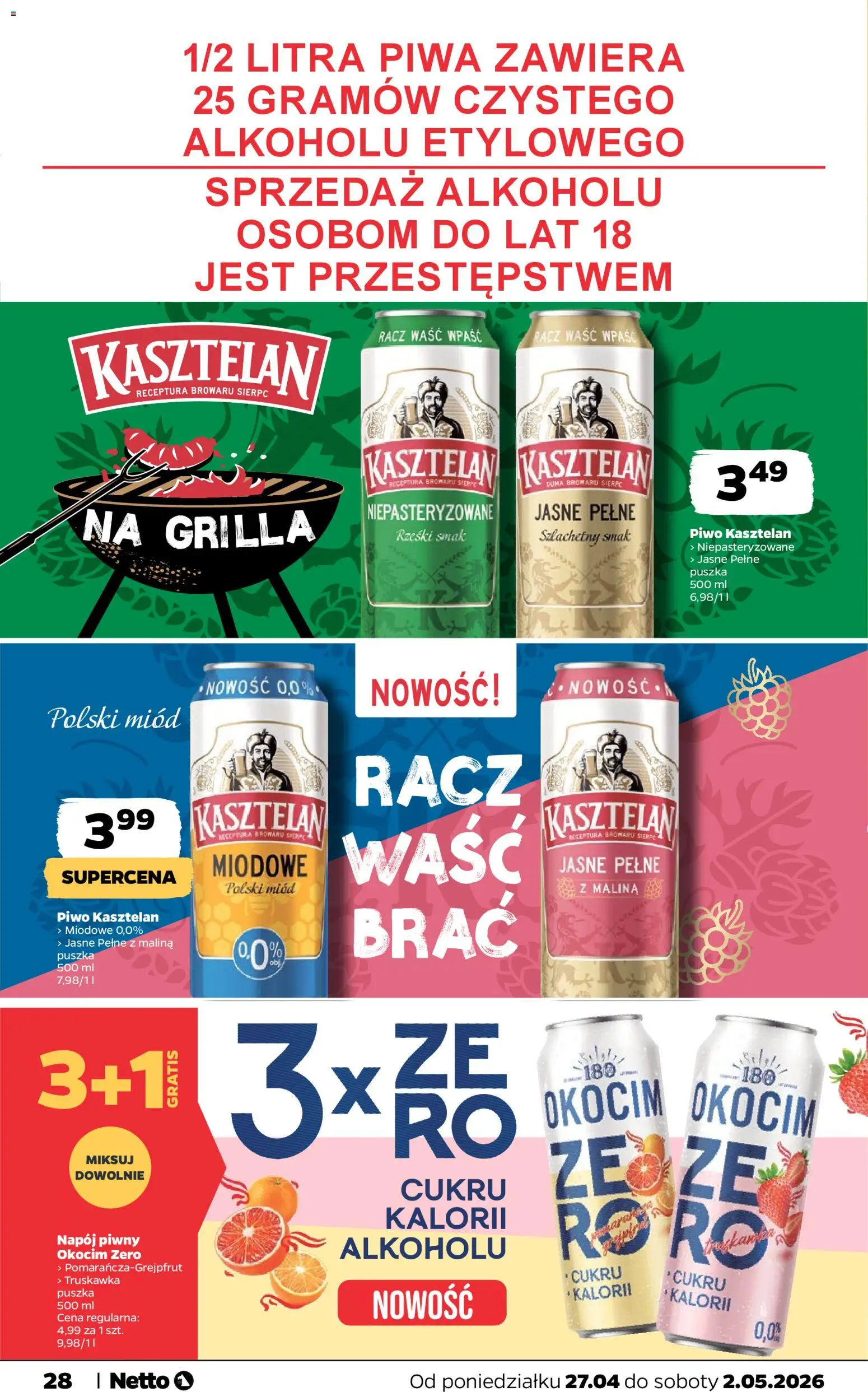 Netto gazetka od poniedziałku spożywcza od 27.04.2026 | Strona: 28 | Produkty: Malina, Miód, Piwo