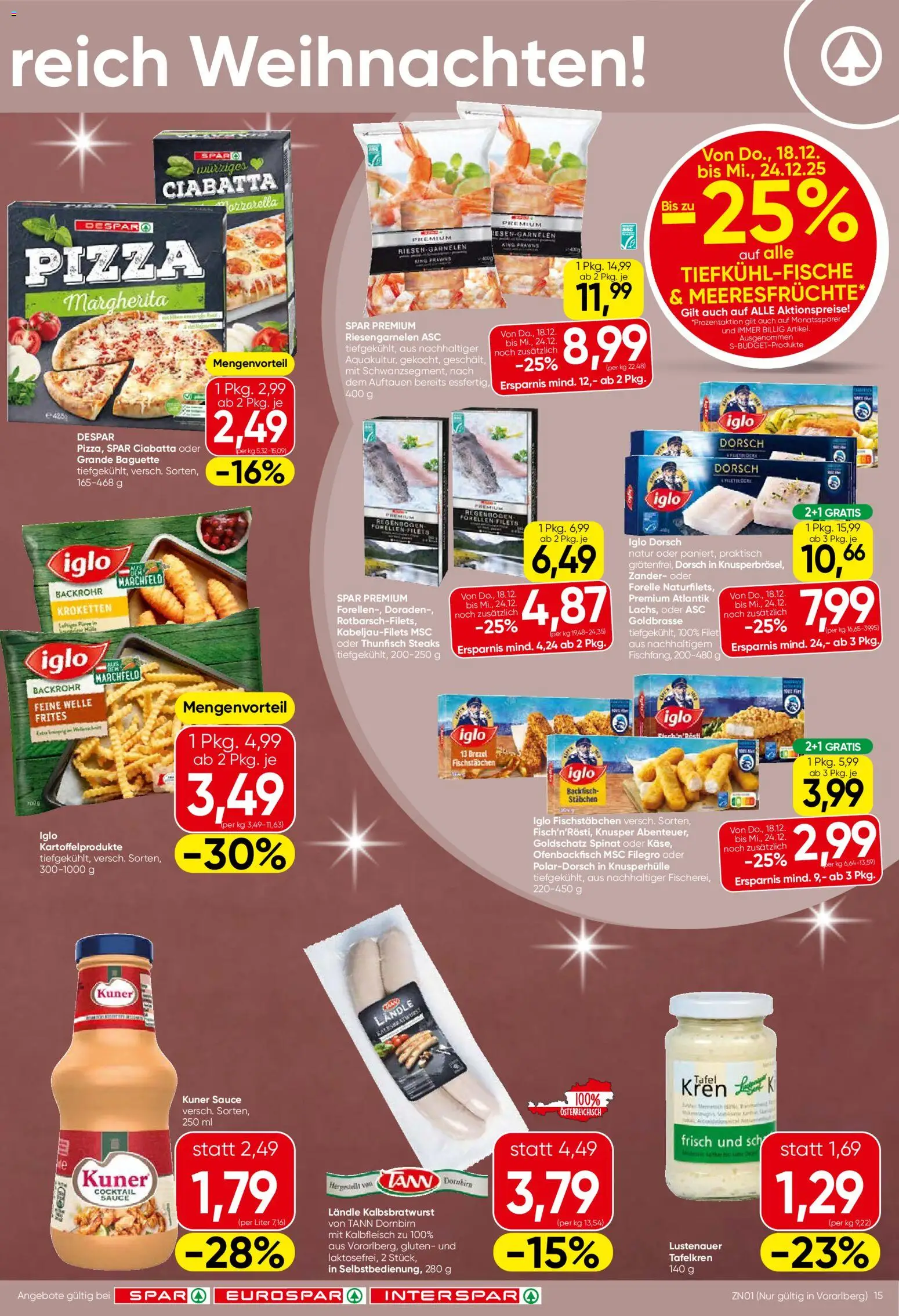 Spar Flublatt - Vorarlberg gültig ab 18.12.2025 | Seite: 15 | Produkte: Meeresfrüchte, Jääkaappipakastin, Pizza