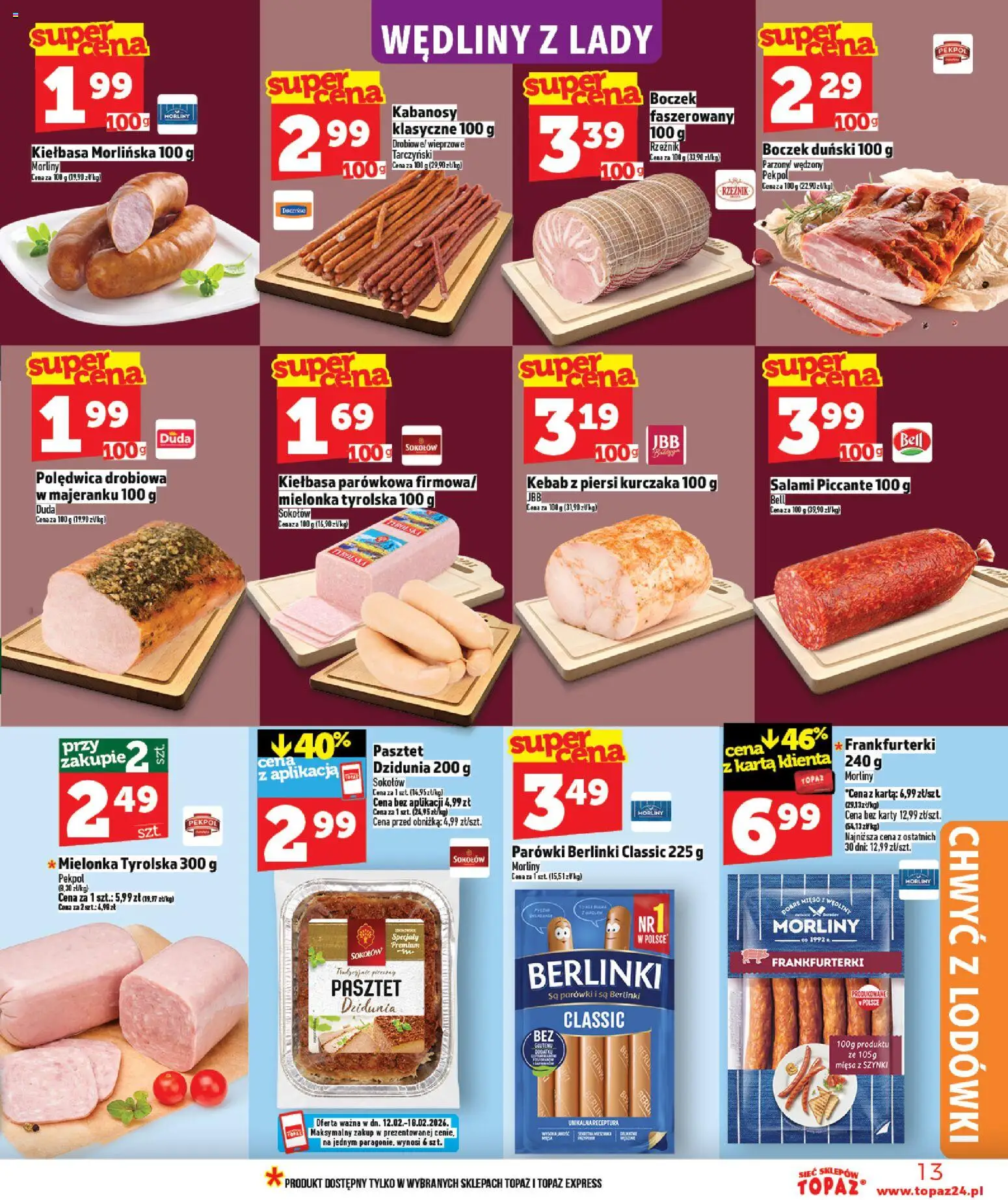 Topaz Gazetka - Ceny małe na stałe od 12.02.2026 | Strona: 13 | Produkty: Kebab, Frankfurterki, Bell, Boczek