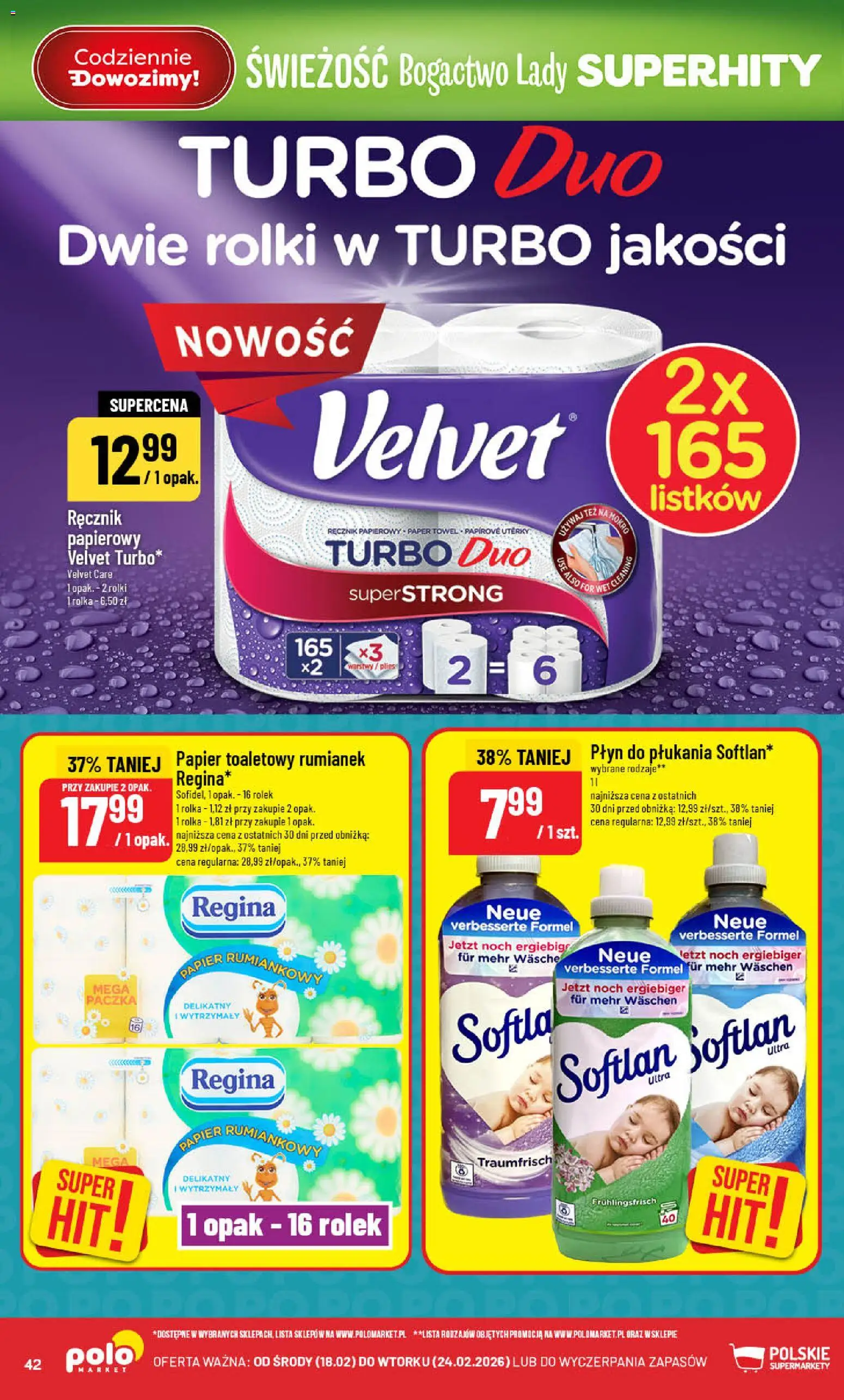 POLOmarket Gazetka od 18.02.2026 | Strona: 42 | Produkty: Papier toaletowy, Rolki, Ręcznik papierowy