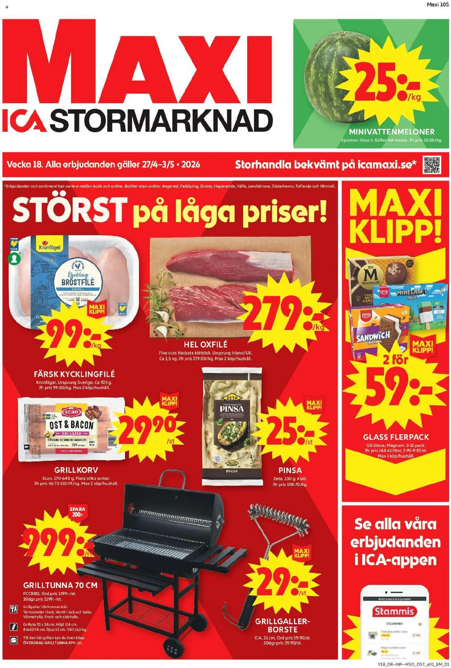 ICA Maxi reklamblad aktuell från 27.04.2026 | Sida: 1 | Produkter: Bacon, Galler, Ost, Glass