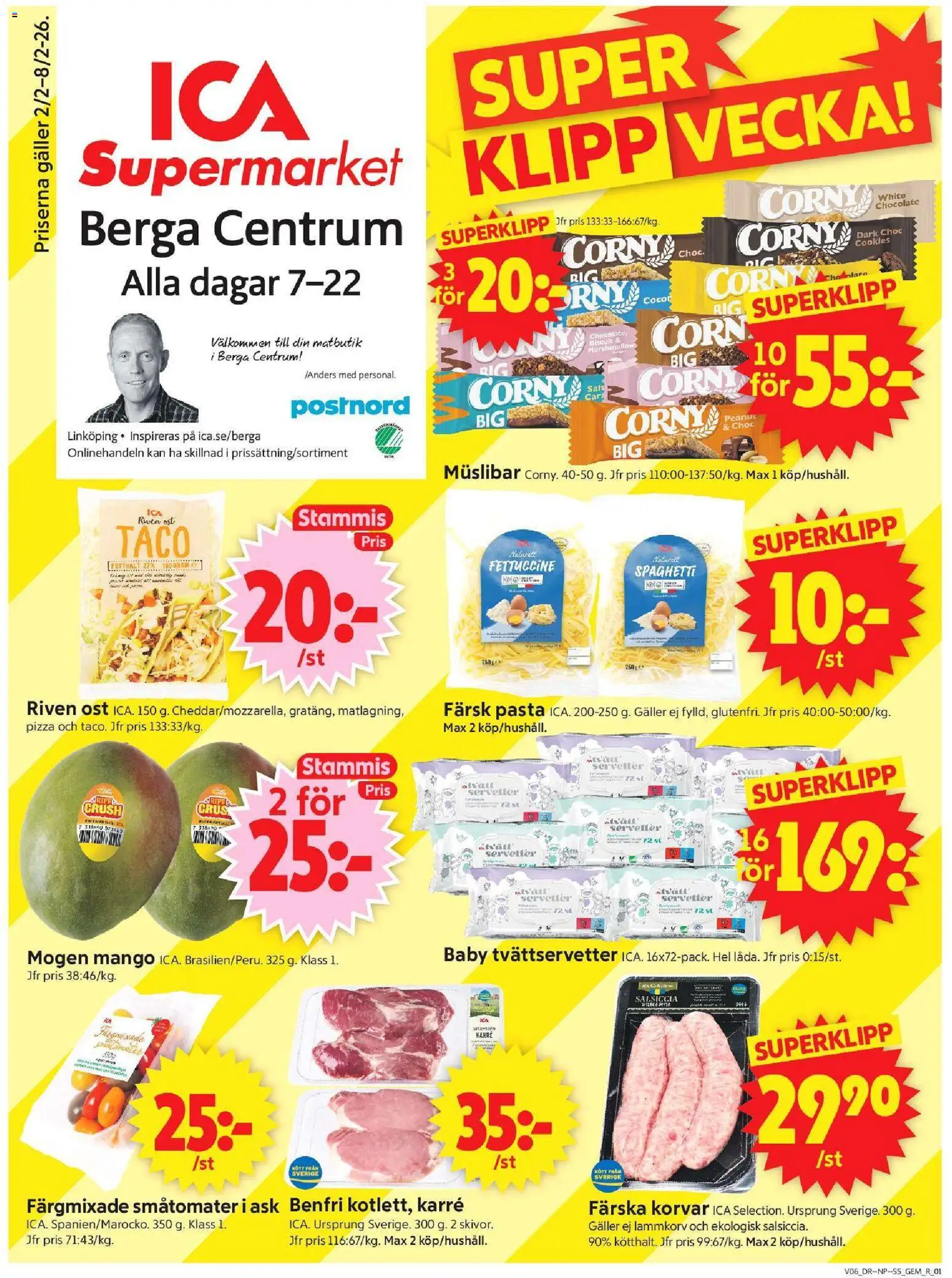 ICA Supermarket reklamblad aktuell från 02.02.2026 | Sida: 1 | Produkter: Riven ost, Ost, Pizza, Pasta