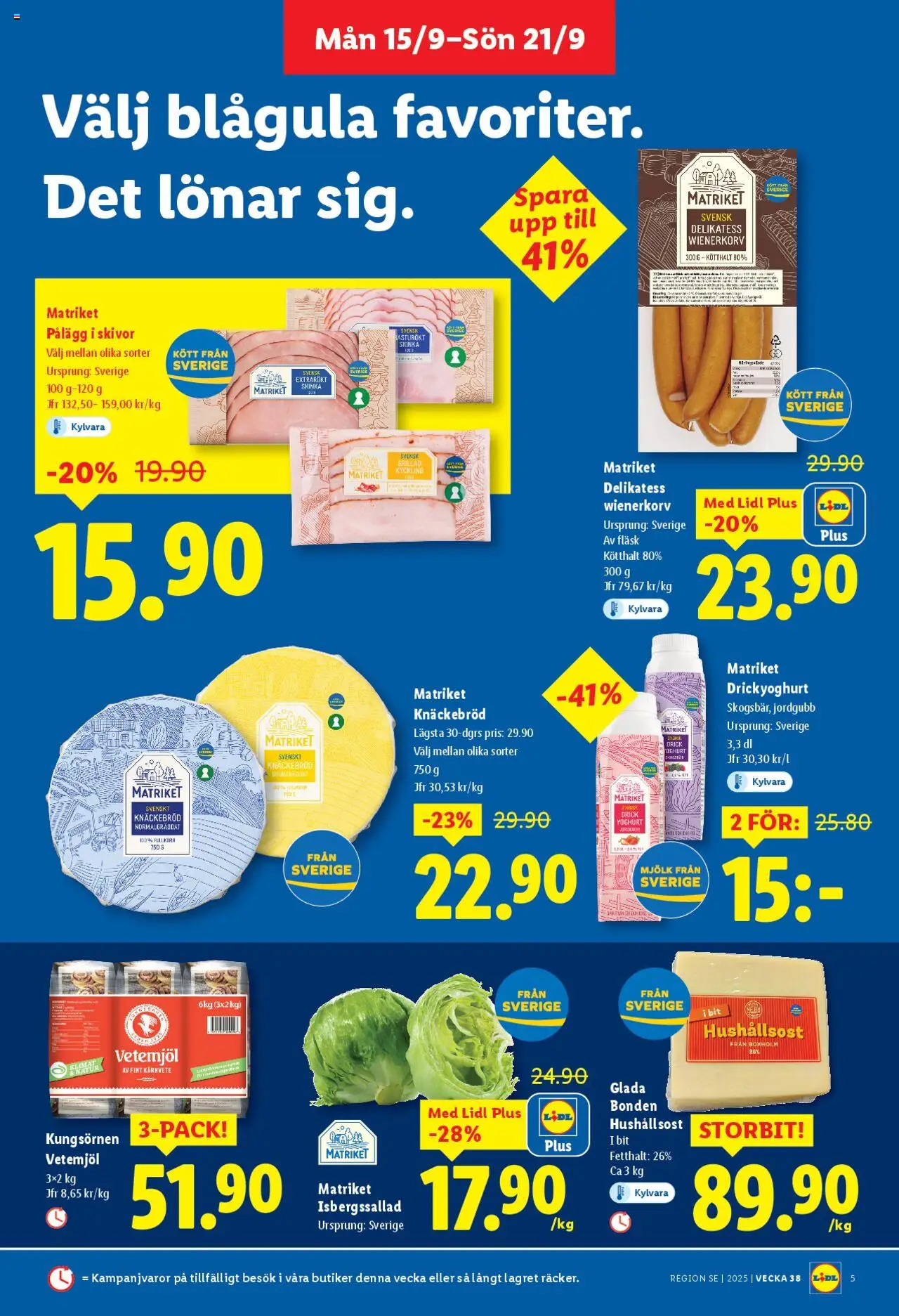 Lidl reklamblad aktuell från 15.09.2025 | Sida: 5 | Produkter: Knäckebröd, Hushållsost, Skinka, Wienerkorv