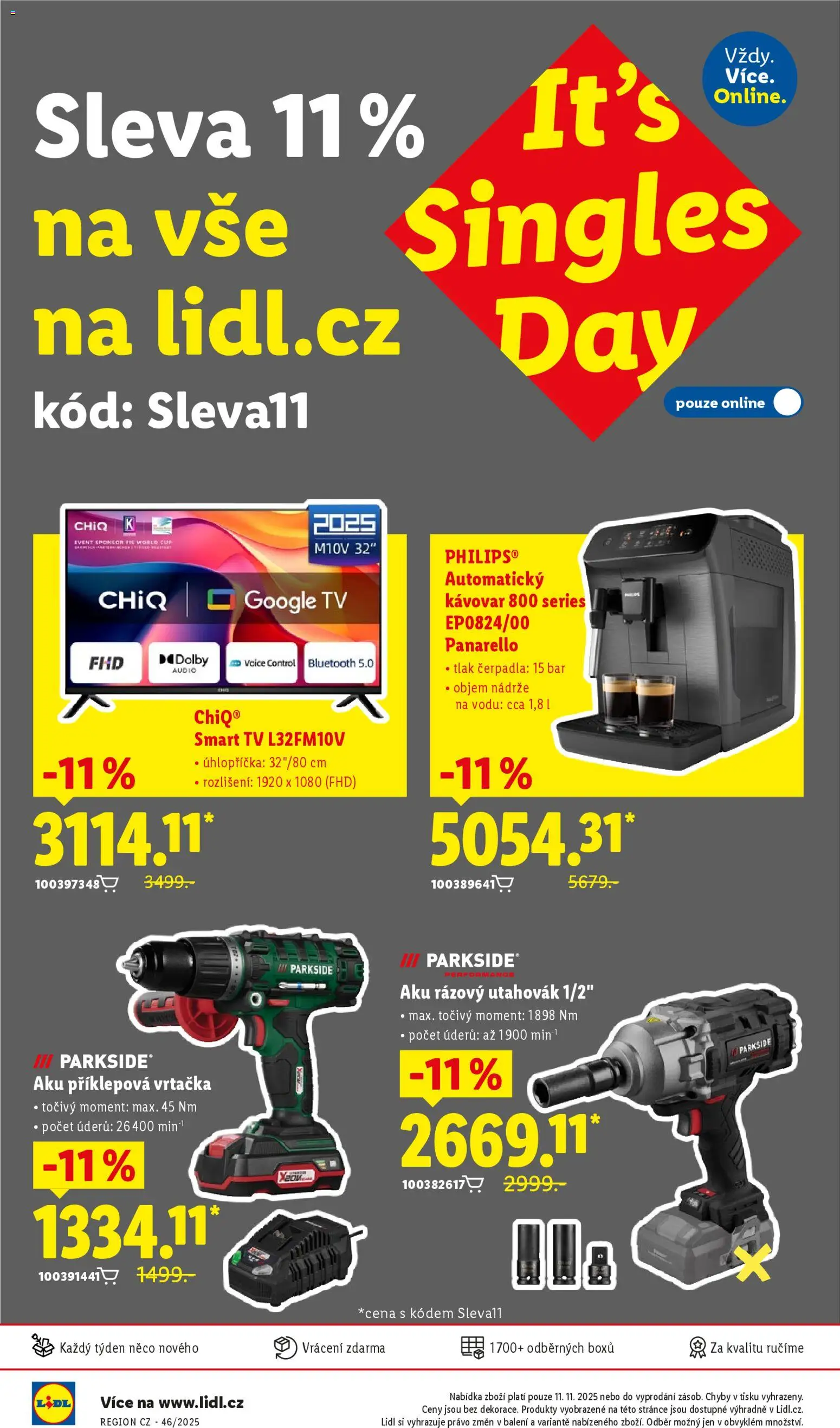Lidl leták - Singles Day od 11.11.2025 | Strana: 1 | Produkty: Aku příklepová vrtačka, Rázový utahovák, Kávovar, Aku rázový utahovák