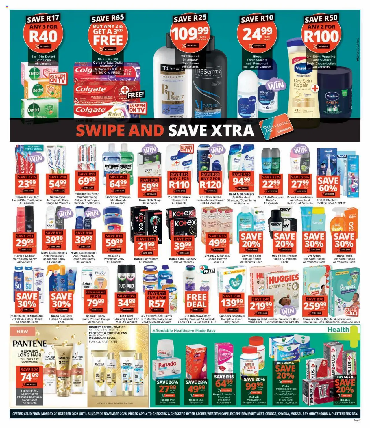 New Checkers catalogue – valid from 20.10.2025 | Page: 9 | Products: Shampoo, Shower gel, Mouthwash, Foam