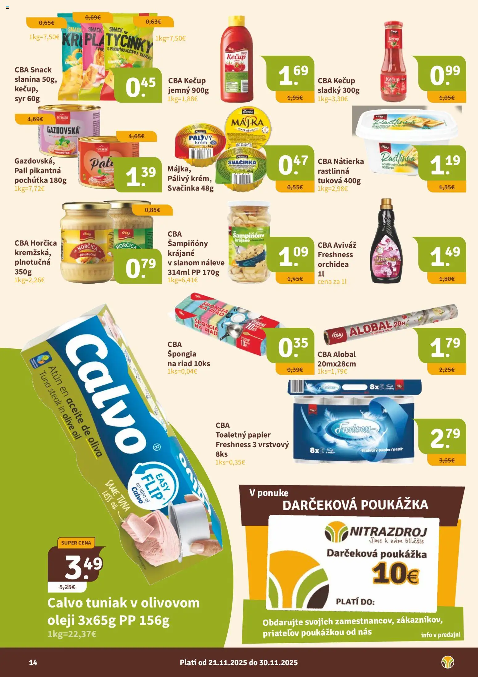 Nové Nitrazdroj akcie – leták je platný od 21.11.2025 | Strana: 14 | Produkty: Syr, Tuniak, Toaletný papier, Kečup