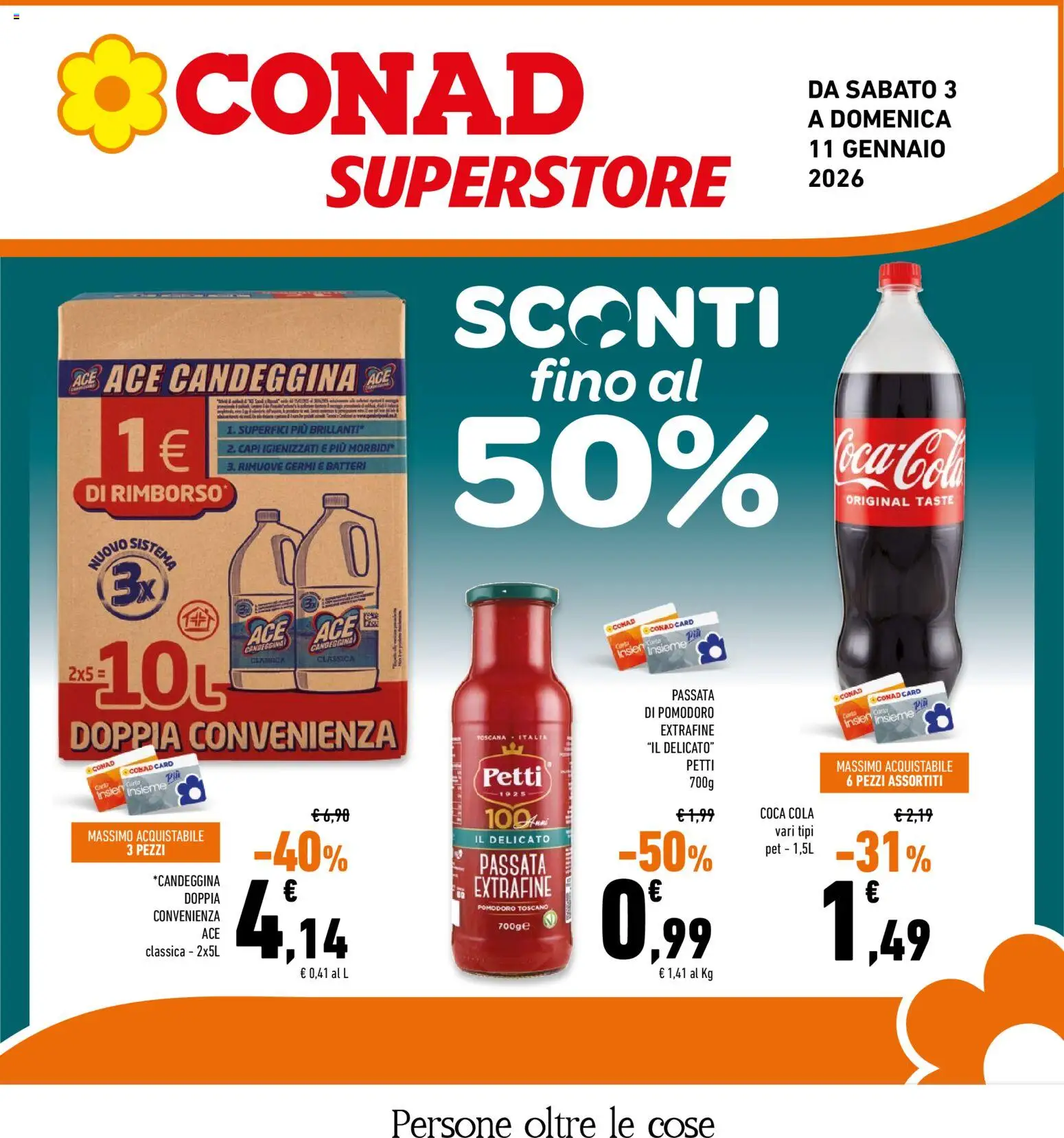 Volantino Conad del 03.01.2026 | Pagina: 1 | Prodotti: Candeggina, Pomodoro, Passata di pomodoro, Coca Cola