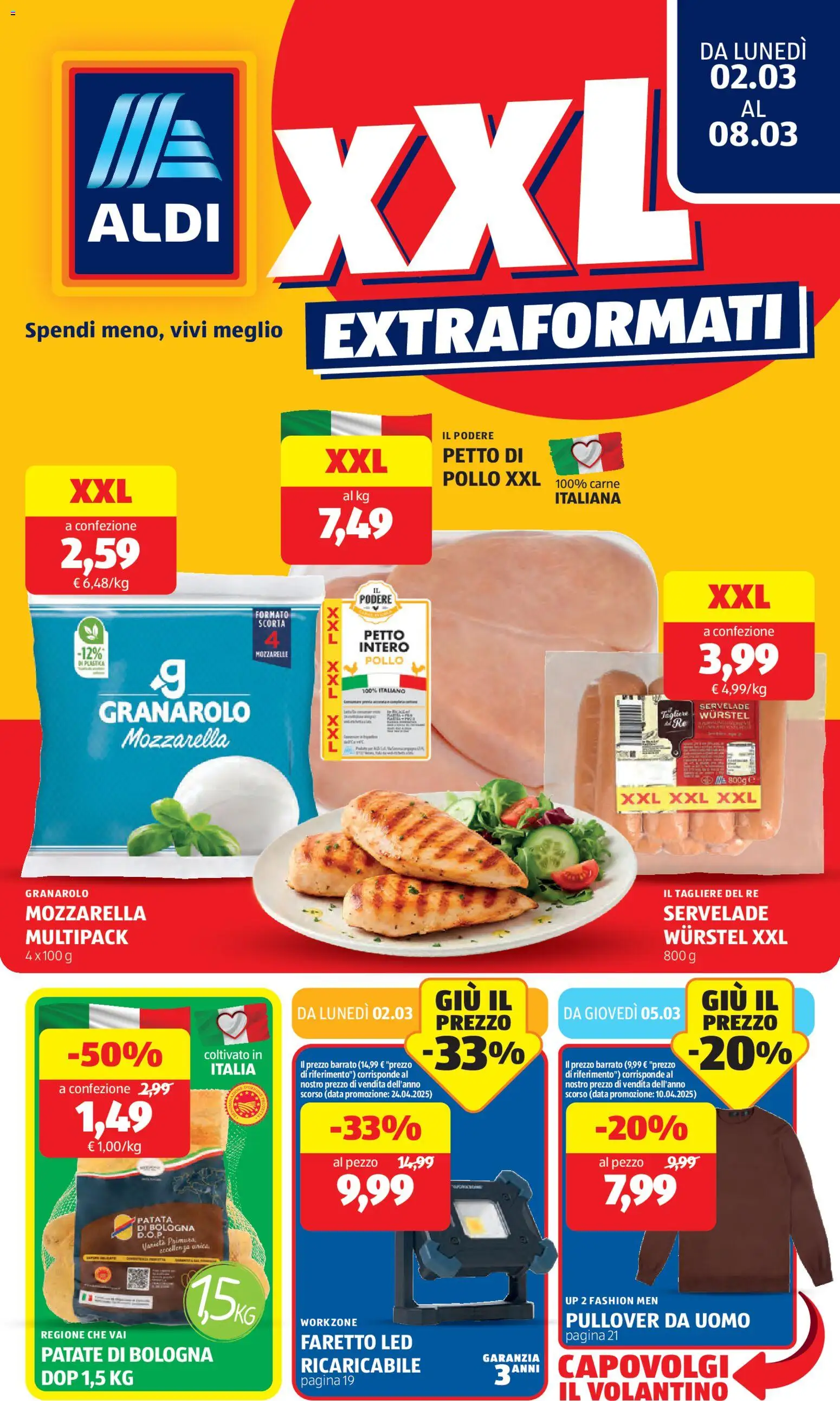 Volantino Aldi del 02.03.2026 | Pagina: 1 | Prodotti: Petto di Pollo, Patate, Mozzarella, Wurstel