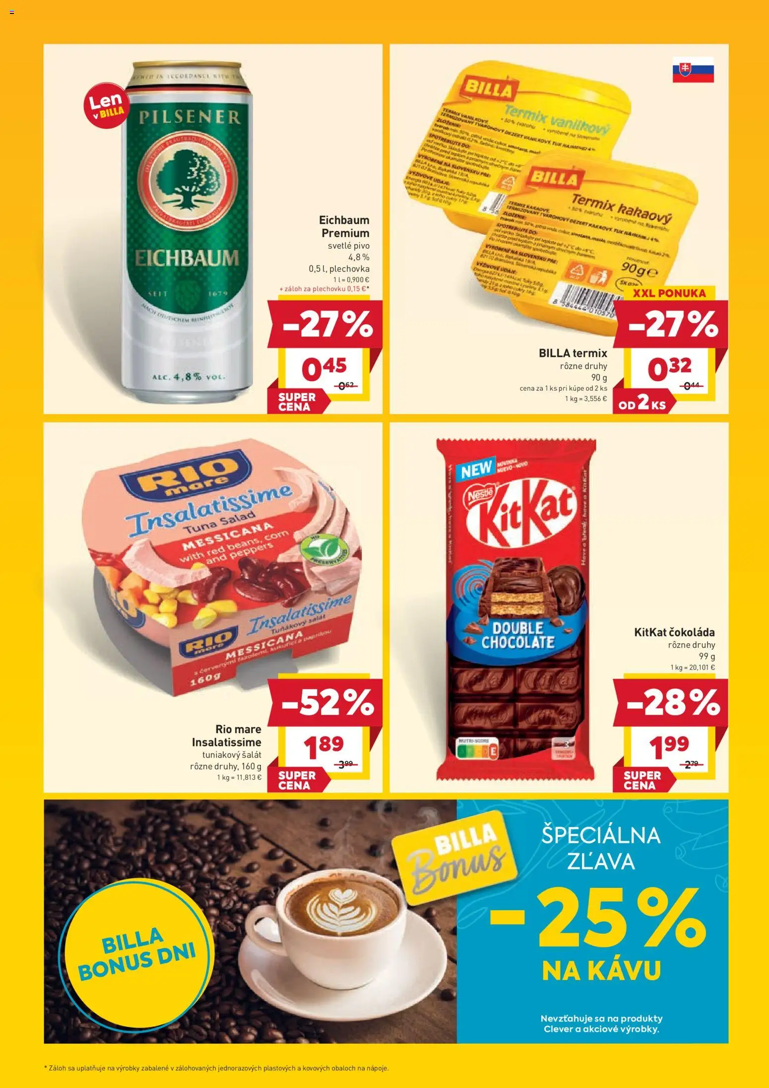 Nové Billa akcie – leták je platný od 11.03.2026 | Strana: 4 | Produkty: Pivo, Rio Mare, Čokoláda, Šalát