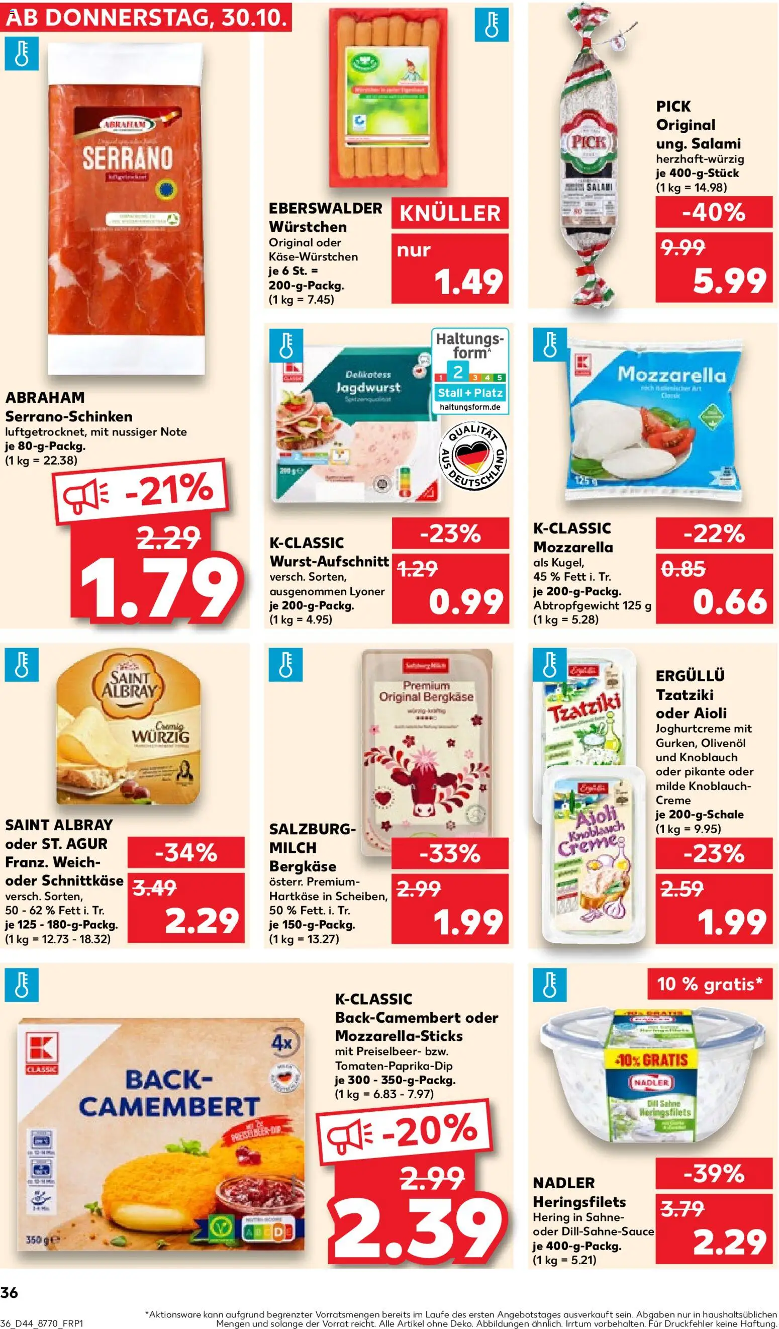 Kaufland prospekt Frankfurt (Oder)	 – gültig ab 02.11.2025 | Seite: 36 | Produkte: Mozzarella, Knoblauch, Salami, Sahne