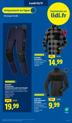 LIDL - Prévisualisation de Parkside® Performance Pantalon de travail stretch doublé, Disponible du 40 au 50. Ex. dessus : 94% polyester (recyclé), 6% élasthanne (LYCRA®); doublure : 100% polyester (recyclé). L'unité au choix. valide à partir de 30.10.2025 | Page: 75 | Produits: Pull, Pantalon, Pantalon de travail