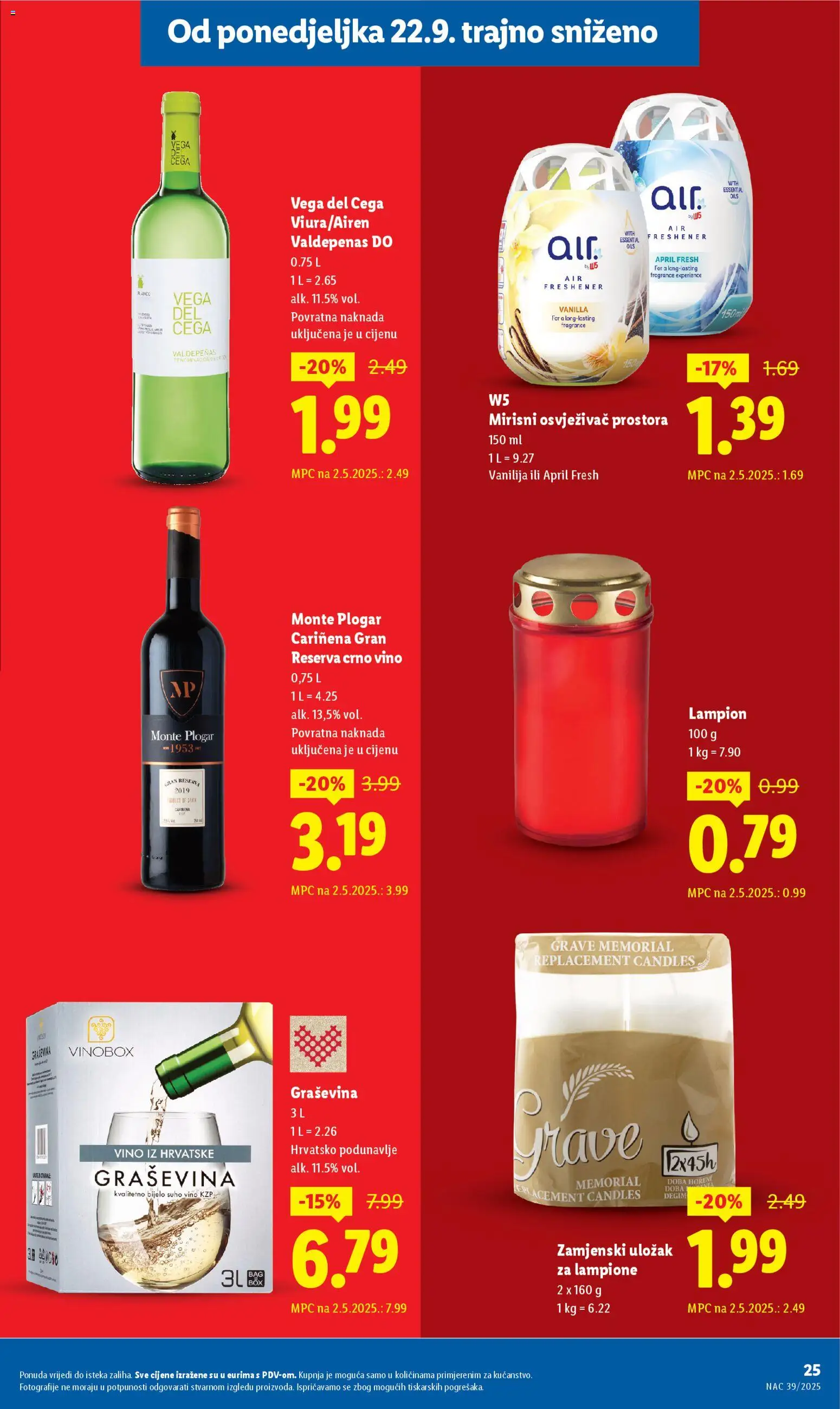 Lidl katalog | vrijedi od 08.09.2025 | Stranica: 25 | Proizvodi: Vino, Crno vino, Osvježivač prostora, Lampion
