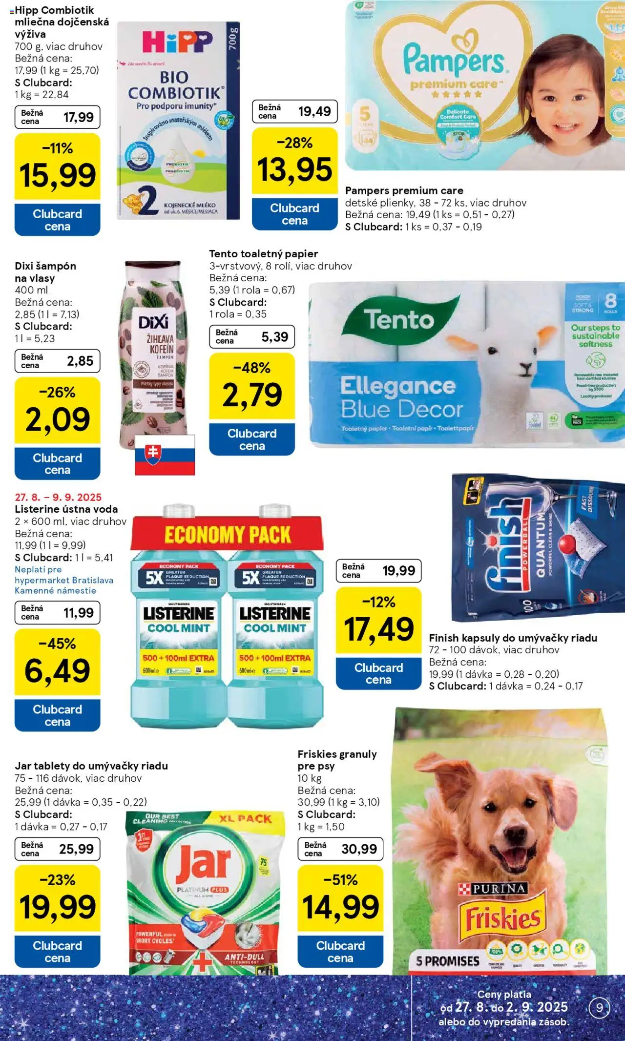 Tesco Hypermarket - leták │ platný od 27.08.2025 | Strana: 9 | Produkty: Friskies, Pampers Premium Care, Tablety do umývačky riadu, Voda