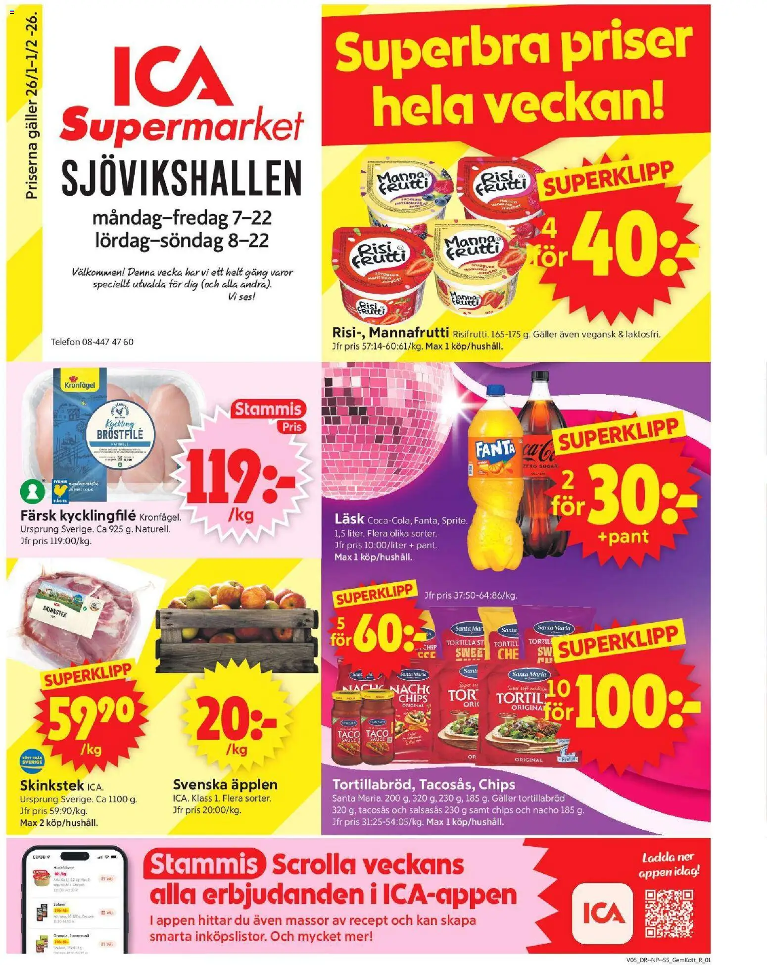 ICA Supermarket reklamblad aktuell från 26.01.2026 | Sida: 1 | Produkter: Tortilla, Chips, Salami, Äpplen