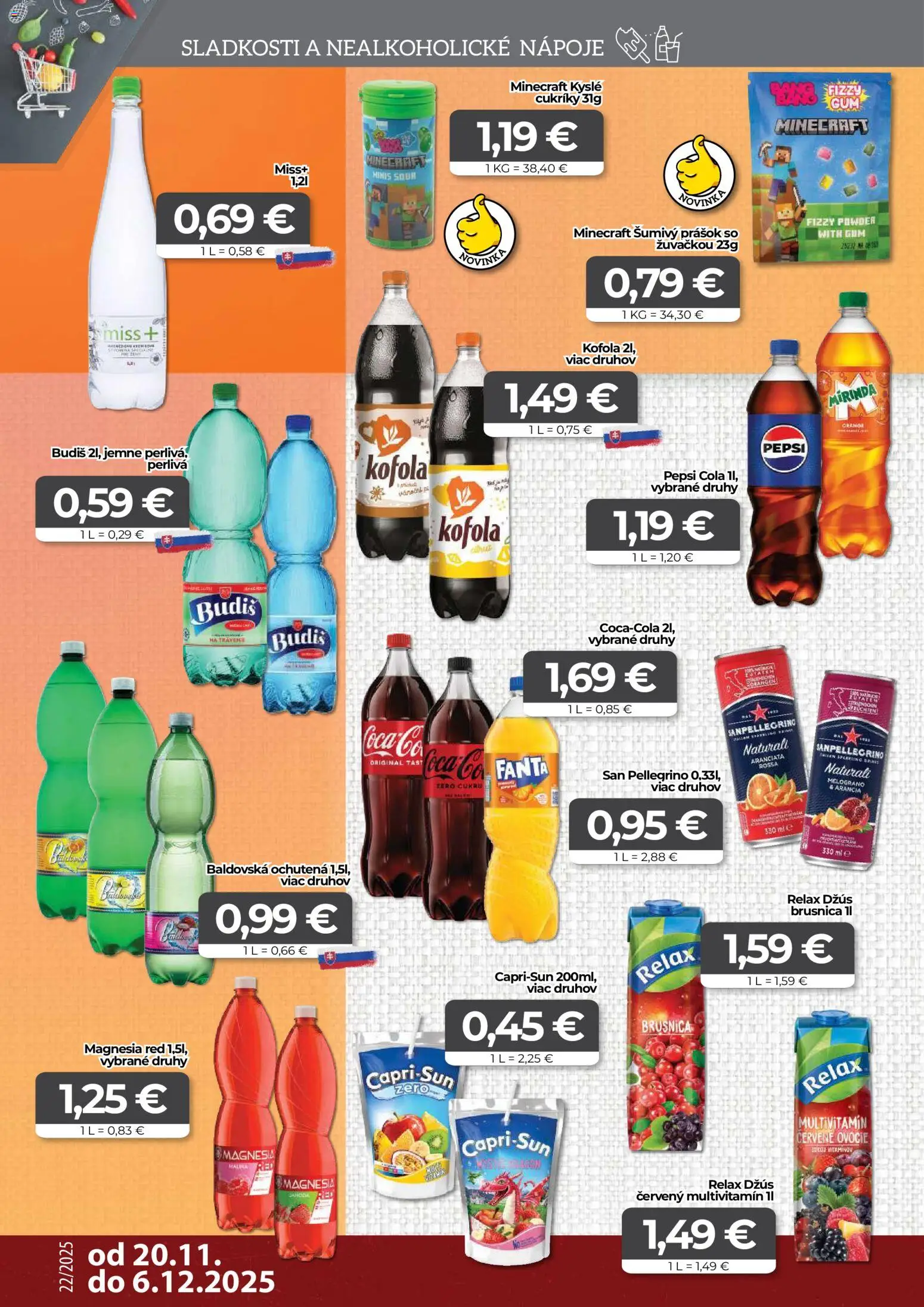 Nové CBA Komfos akcie – leták je platný od 20.11.2025 | Strana: 12 | Produkty: Džús, Magnesia, Mirinda, Ovocie