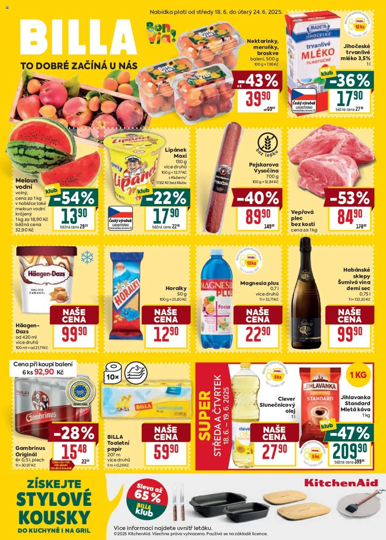 Billa Velký leták od 18.06.2025 | Strana: 1 | Produkty: Pivo, Magnesia, Clever, Meloun vodní