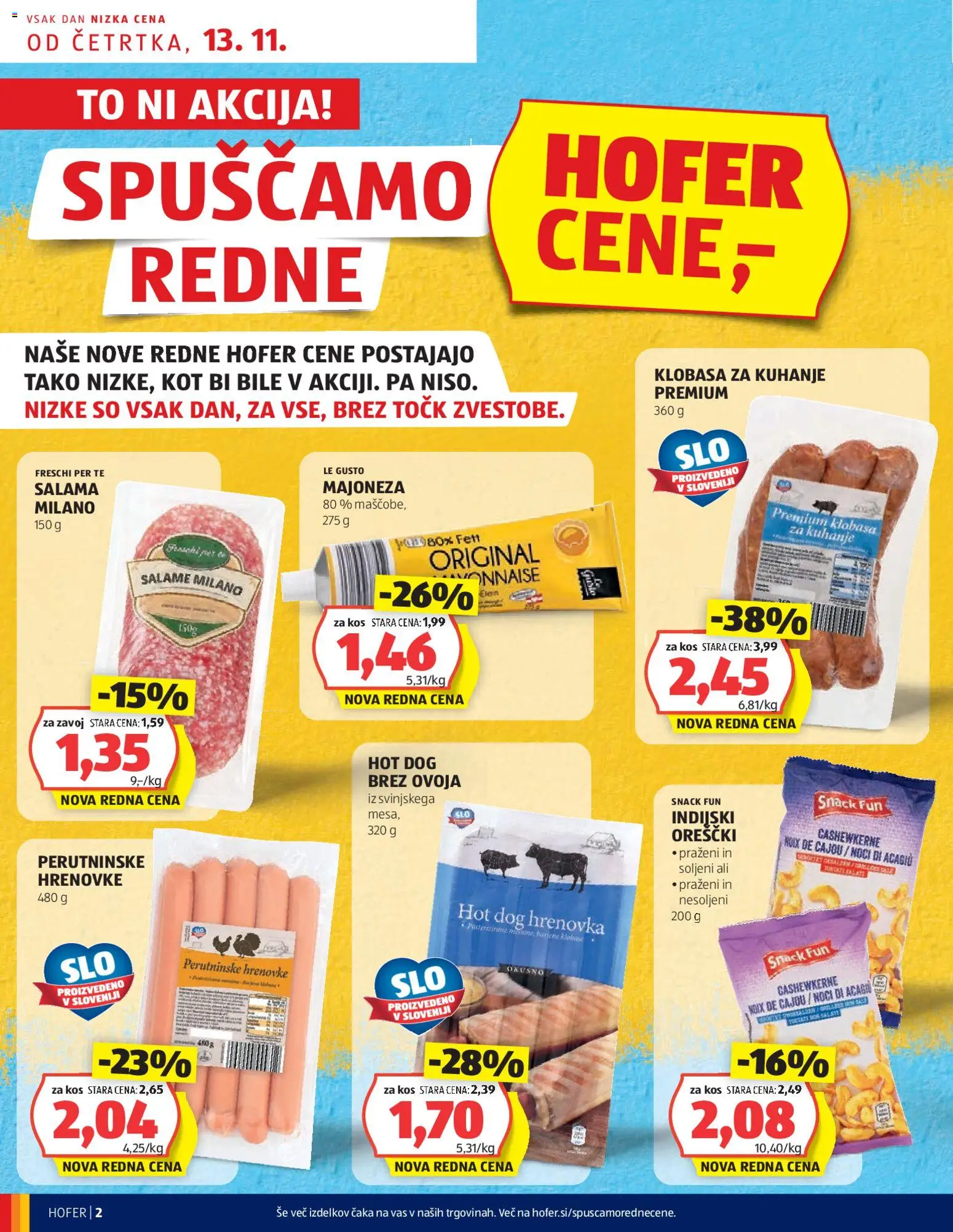 Novi Hofer katalog ponudbe – veljaven od 13.11.2025 | Stran: 2 | Izdelki: Hrenovke, Indijski oreščki, Majoneza, Sal