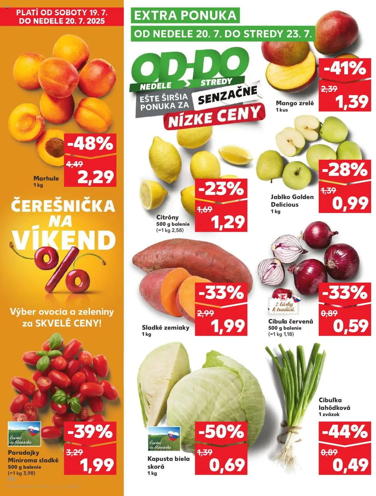 Nové Kaufland akcie – leták je platný od 17.07.2025 | Strana: 74 | Produkty: Kapusta biela, Cibuľa, Mango, Marhule