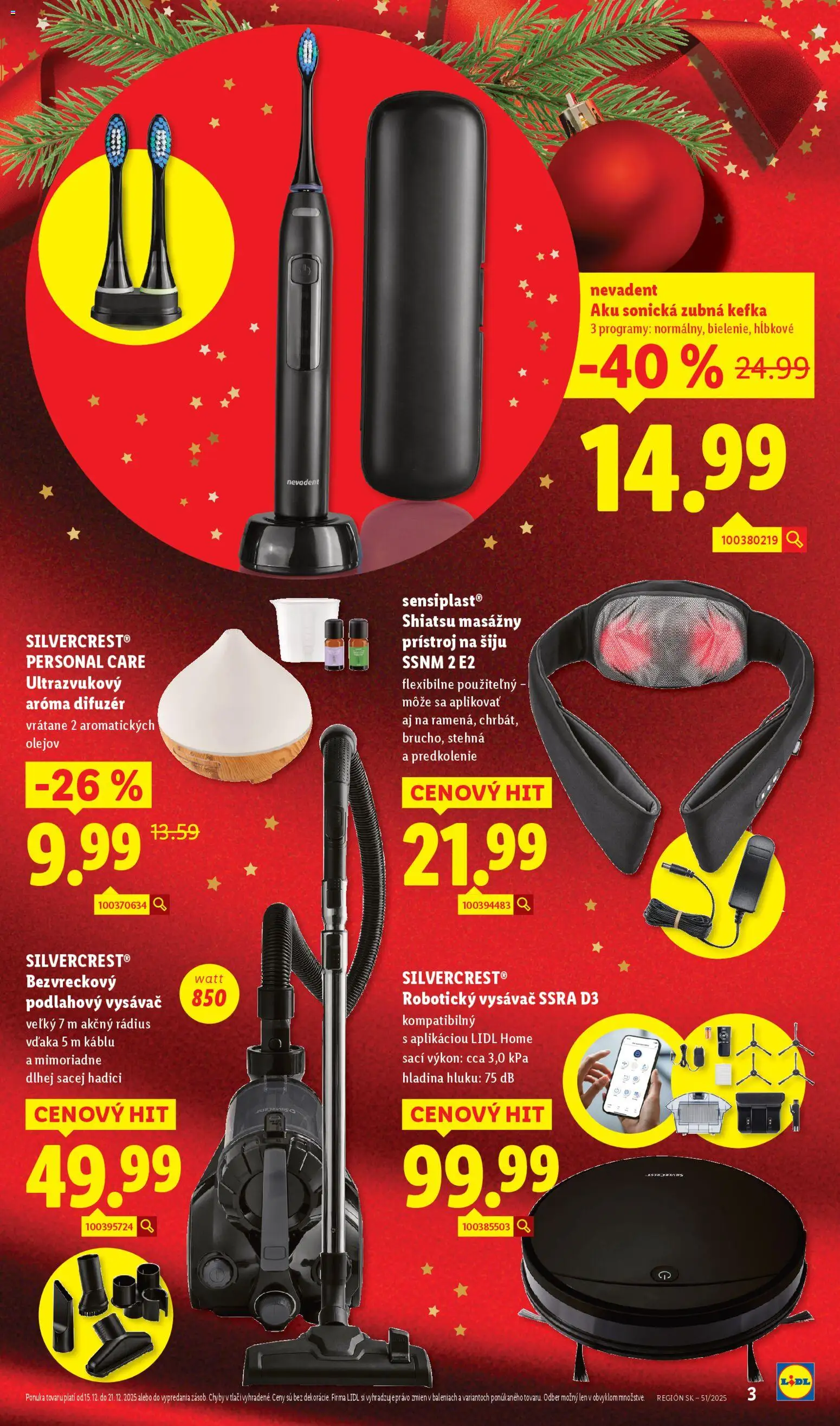Nové Lidl akcie – leták je platný od 15.12.2025 | Strana: 3 | Produkty: Masážny prístroj, Difúzer, Sonická zubná kefka, Aroma difúzer
