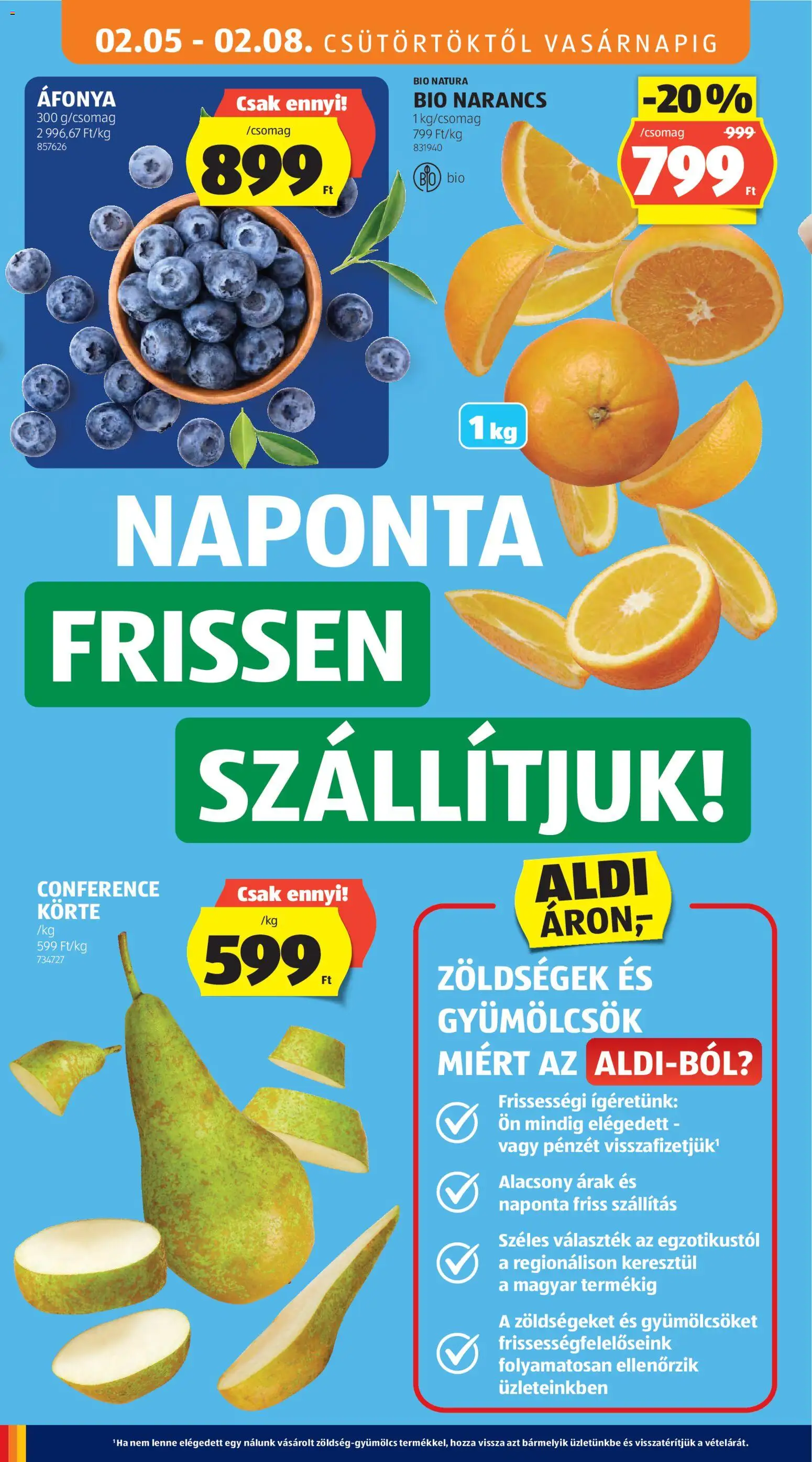Aldi akciós ujság - amely érvényes a következő dátumtól: 05.02.2026 | Oldal: 4 | Termékek: Körte, Áfonya, Narancs