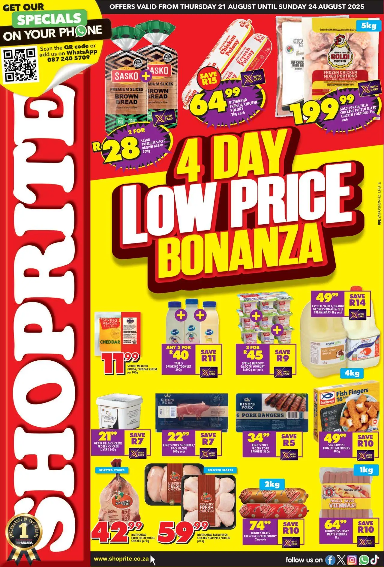 Shoprite KwaZulu-Natal - Low Price Bonanza │ valid from 21.08.2025 | Page: 1 | Products: Cheese, Polony, Pork, Bacon